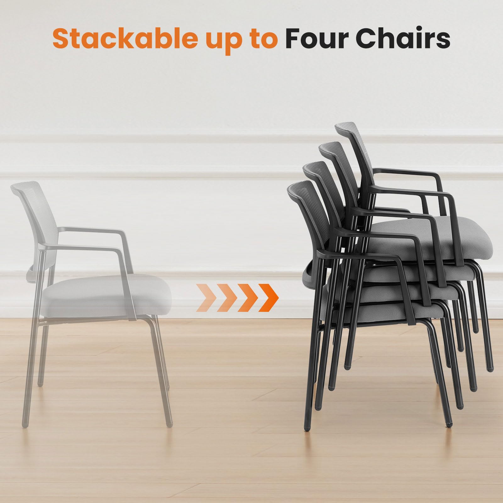 Mesh Back Stacking Arm Chairs - 4 Pack Grey Upholstered Fabric Office Guest Chairs with Ergonomic Lumbar Support & Sturdy Metal Frame | Perfect for Conference Rooms, Reception Areas, and Waiting Lounges