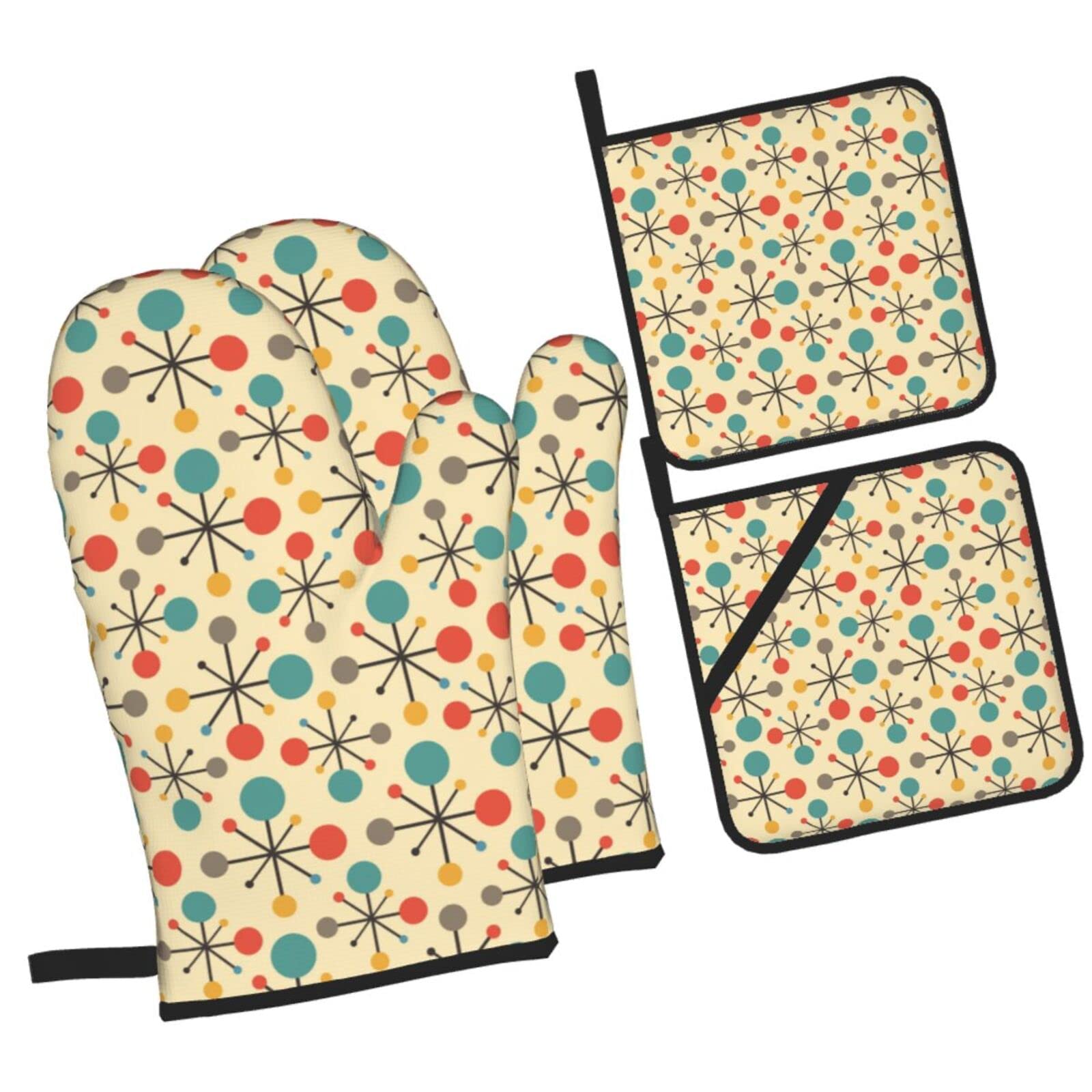 Vintage Mid Century Modern Atomic Oven Mitts & Pot Holders Set - Heat Resistant 4-Piece Kitchen Accessories for Baking, Grilling, BBQ - Non-Slip Waterproof Design for Safe Cooking & Hot Food Handling