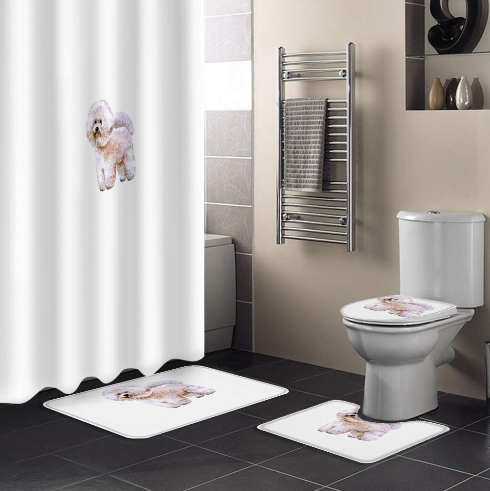 4-Piece Dog Lover Shower Curtain Set - Waterproof Bichon Puppy Design with Non-Slip Bath Mat, Toilet Lid Cover & 12 Hooks (72x72 Inch) - Perfect for Pet-Themed Bathroom Decor & Gift for Dog Owners