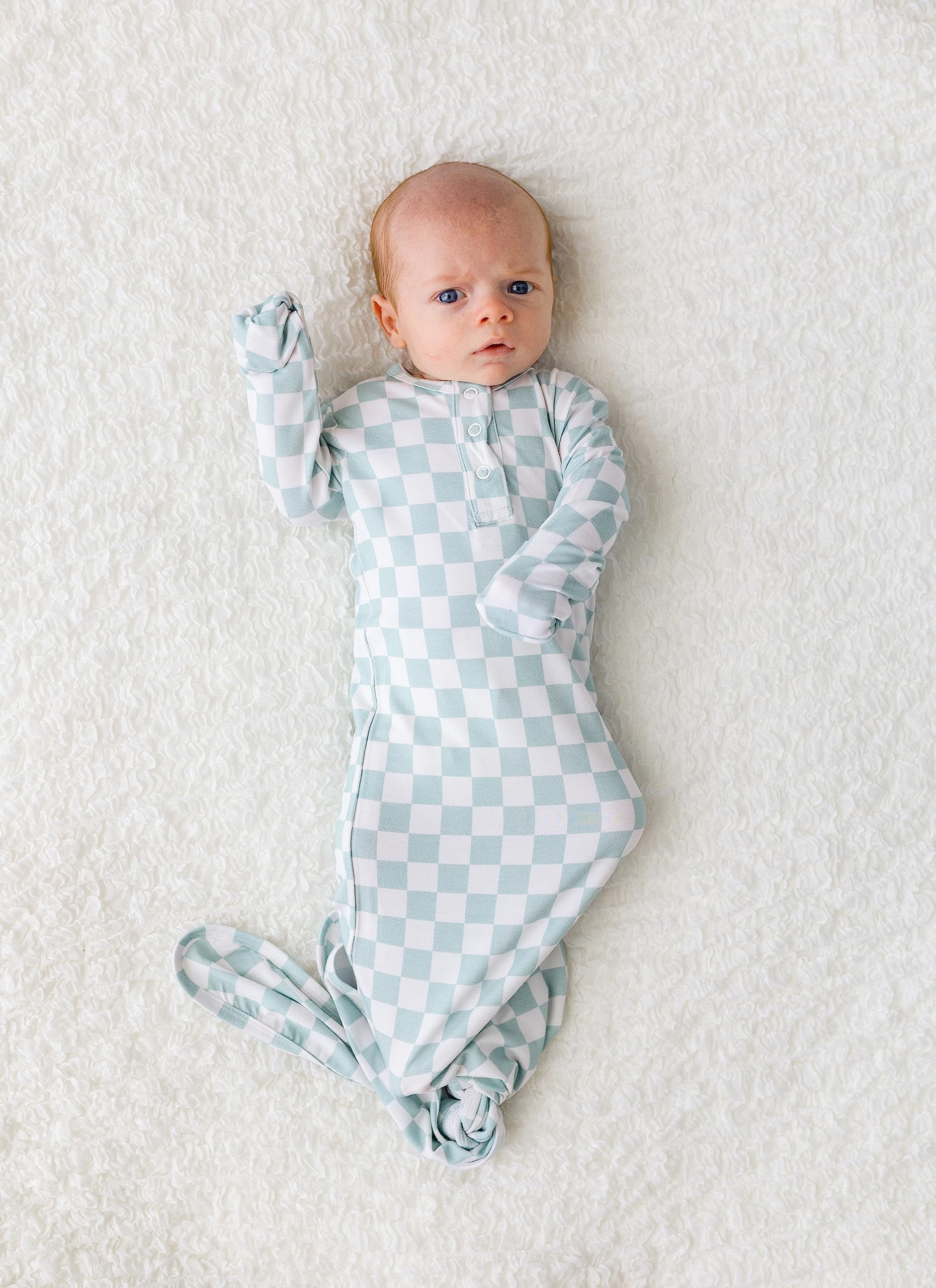Soft Bamboo Viscose Checkered Knotted Gown for Newborn Baby - Cozy Infant Sleeper with Mittens for Baby Girls & Boys - Perfect for Home, Hospital & Photo Shoots