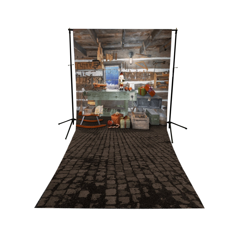 Santa's Workshop Floor Extended Printed Backdrop - Christmas Party Decor, Holiday Photo Booth Background, Festive Scene for Events & Photography