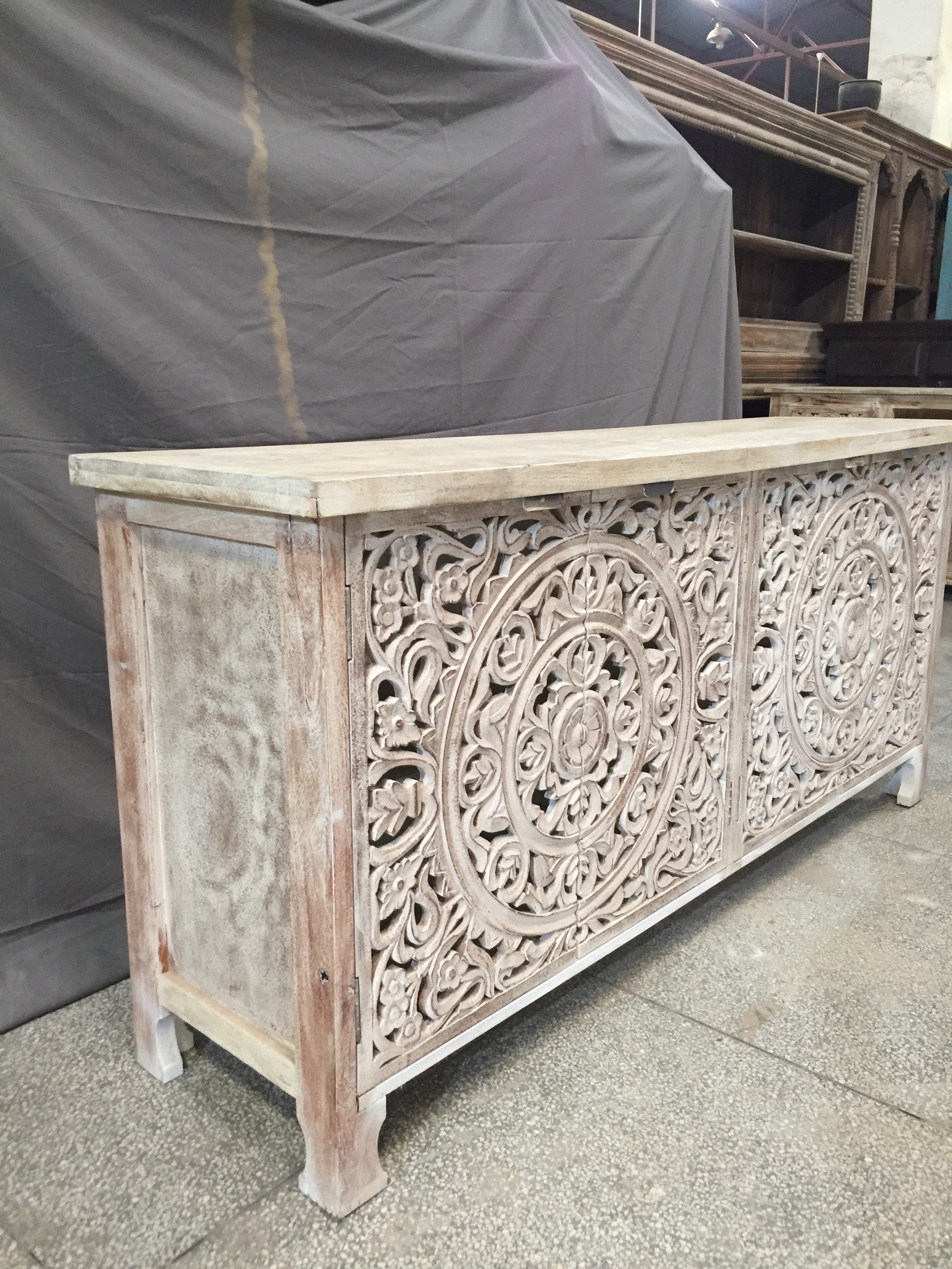 Handcrafted Indian Solid Wood Sideboard with Carved Doors - Elegant Storage Cabinet for Dining Room, Living Room & Entryway