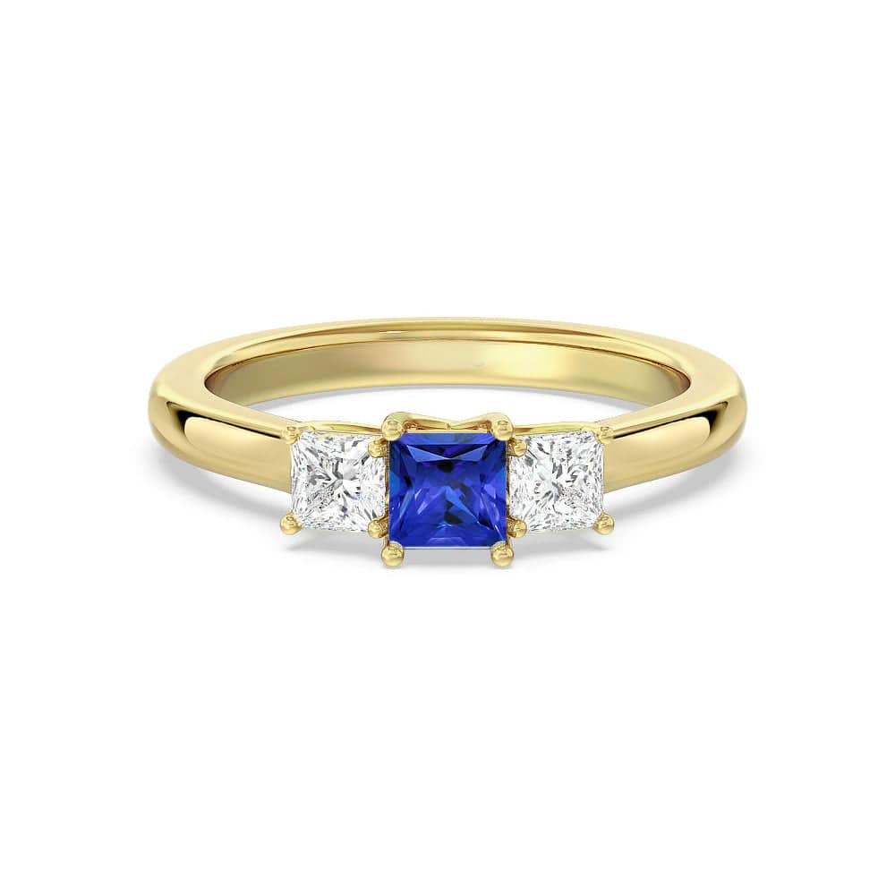 Lab Grown Sapphire & Princess Cut Diamond Three Stone Engagement Ring – Elegant Wedding Band, Anniversary Gift for Her, Perfect for Proposals & Special Occasions
