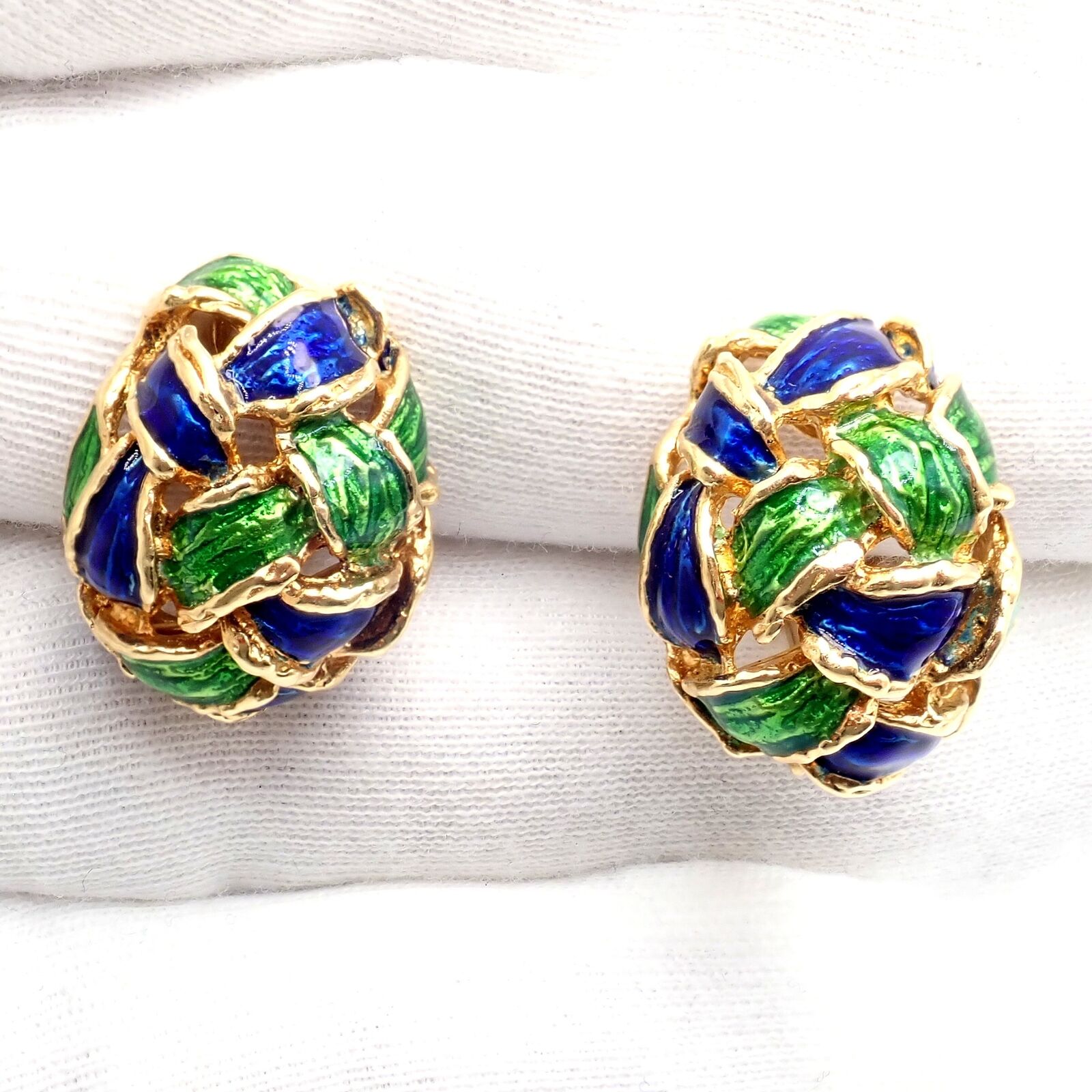 Vintage Tiffany & Co Green Blue Enamel 18k Yellow Gold Basket Weave Earrings - Luxury Jewelry for Women, Perfect for Weddings, Parties & Special Occasions