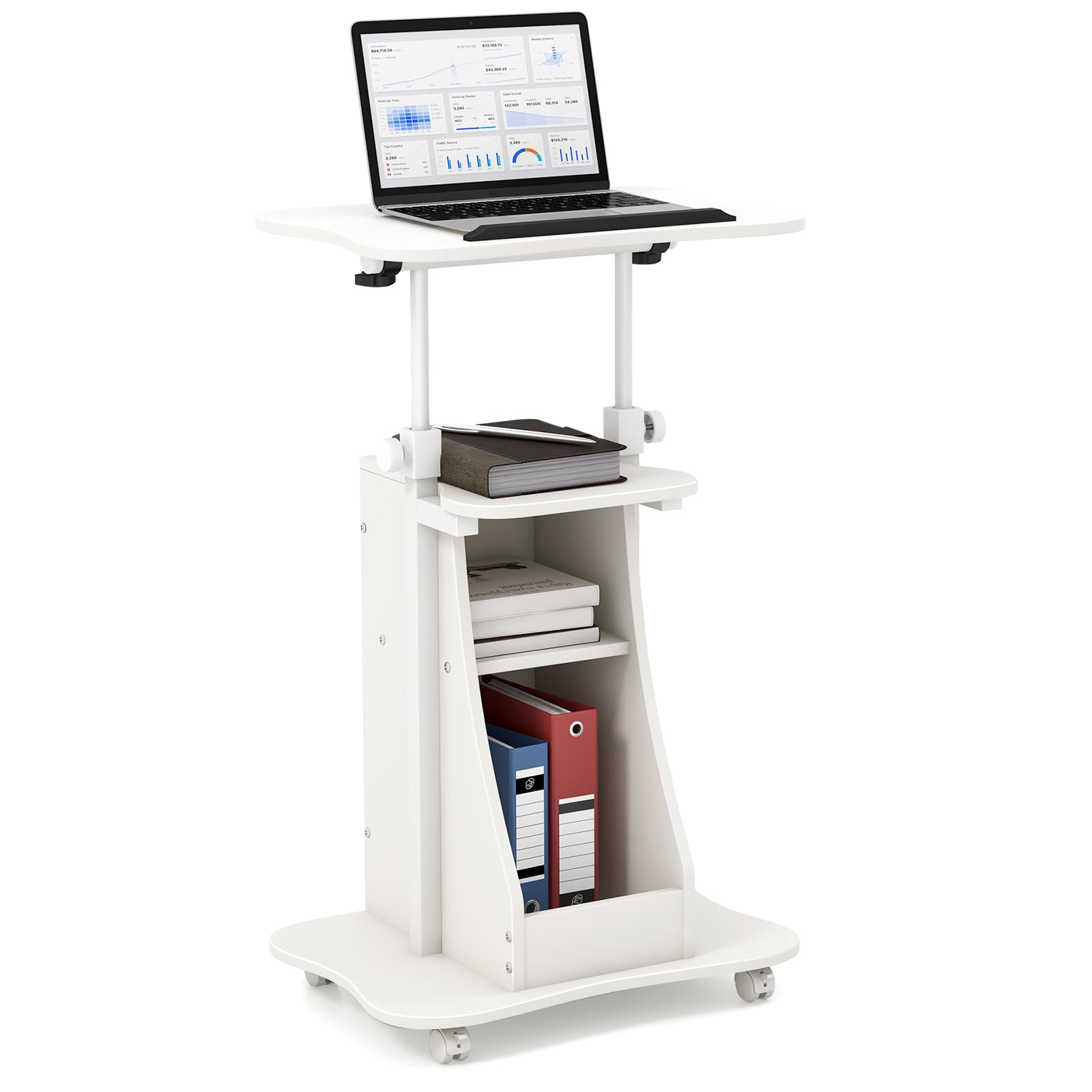 Giantex Adjustable Mobile Podium Stand - Rolling Laptop Cart with Tilting Tabletop & Storage | Lockable Wheels for Classroom, Church, Home Office (White) | Perfect for Presentations, Teaching & Remote Work
