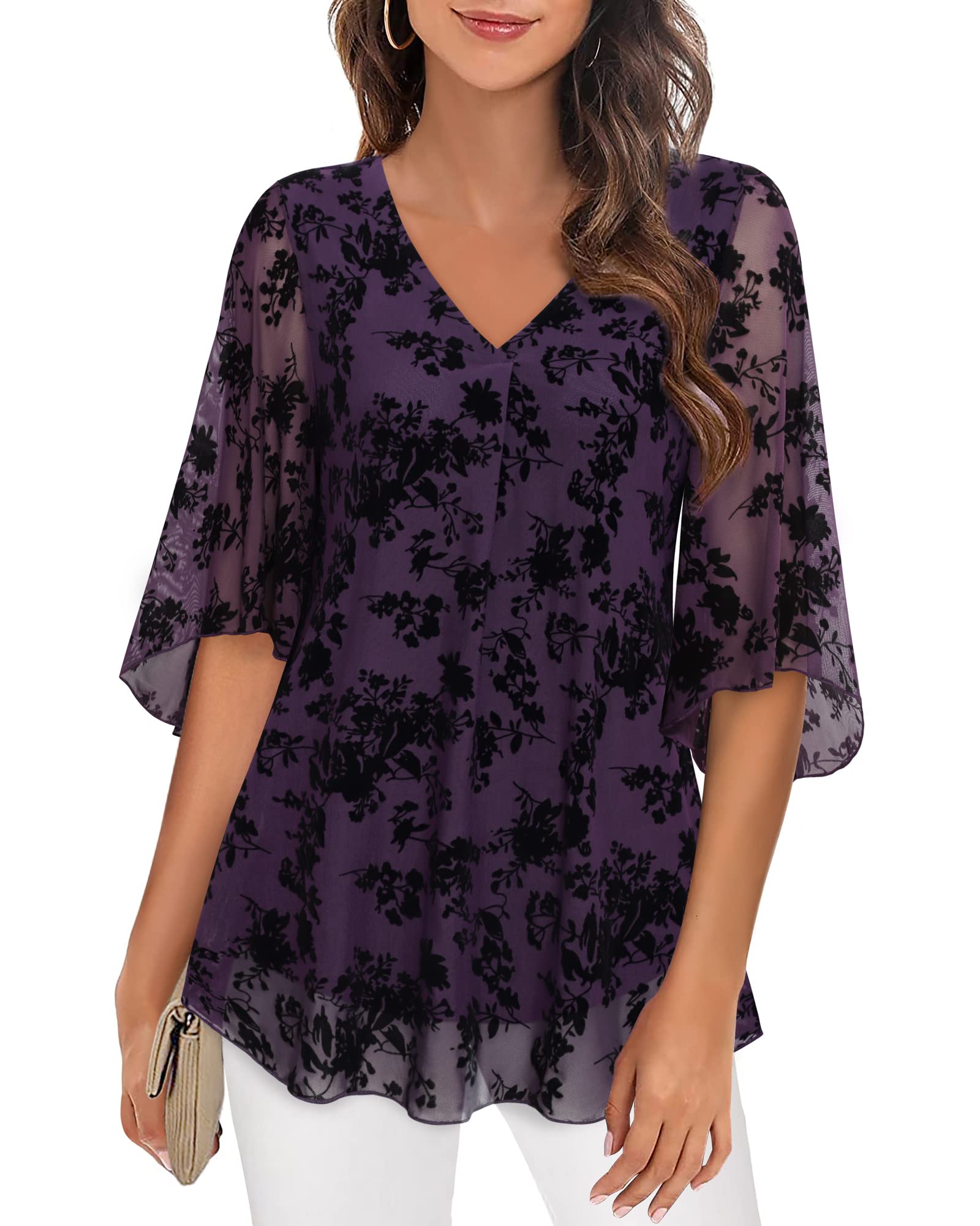 Bebonnie Women's Floral Mesh Bell Sleeve V-Neck Blouse - Elegant Flowy Dressy Top for Party, Date Night & Office Wear