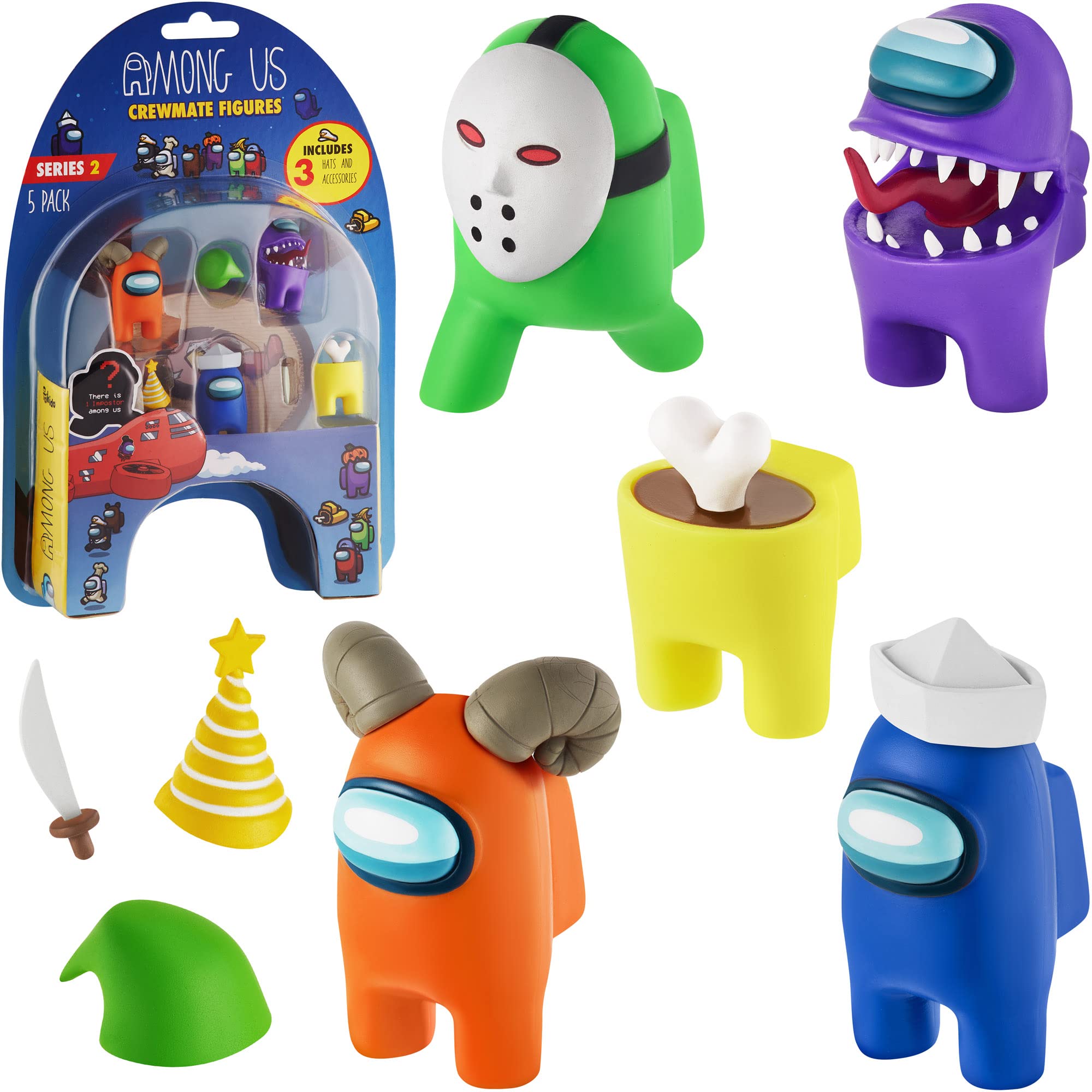 Among Us Crewmate Action Figures - 5-Pack Collectible Mini Toys with 3 Hats & Hidden Imposter | Official Among Us Merch Including Peeled & Clogged Versions | Perfect for Kids' Birthday Gifts, Game Nights & Among Us Fans Collection