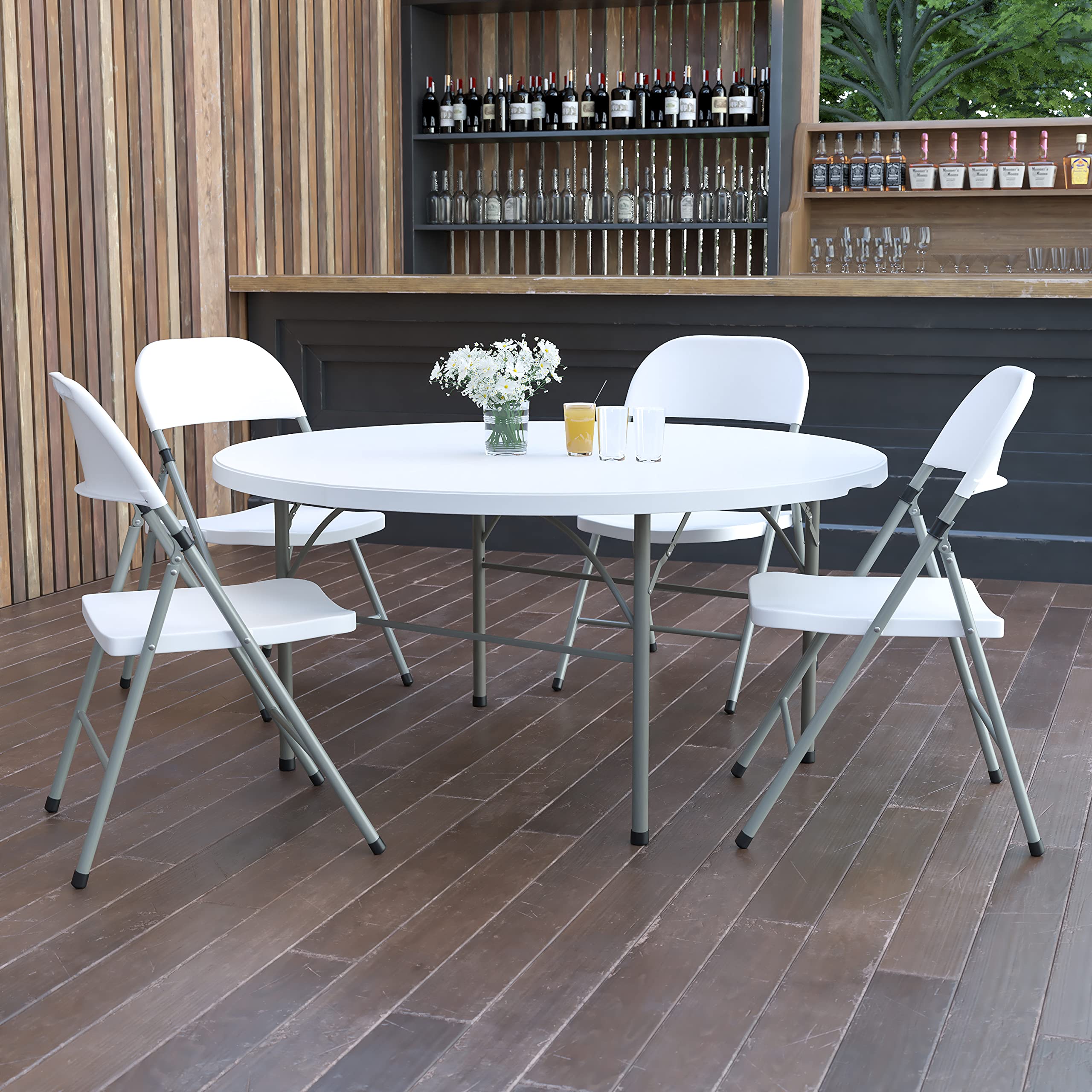 5-Foot Round Bi-Fold Granite White Plastic Folding Table with Carrying Handle - Portable & Sturdy for Parties, Events, Camping & Outdoor Activities