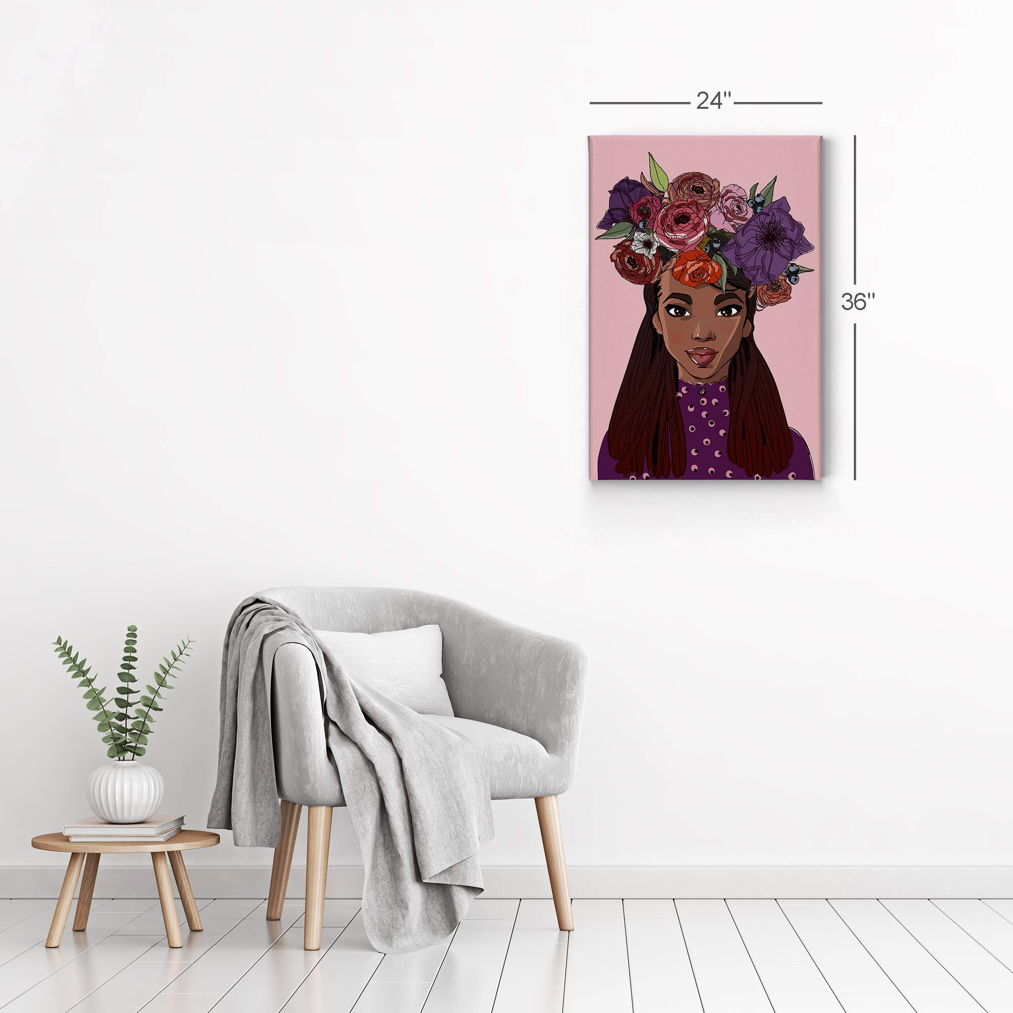 African American Girl Canvas Print - Purple Flower Crown Afro Kids Wall Art, Black Child Nursery Decor, Ready to Hang 40x30 - Perfect for Bedroom, Living Room & Classroom Decor