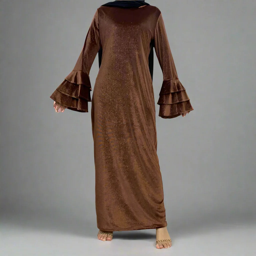 Winter Thick Velvet Flare Sleeve Abaya Inner Dress for Muslim Women - Modest Islamic Prayer Dress for Home & Mosque Wear