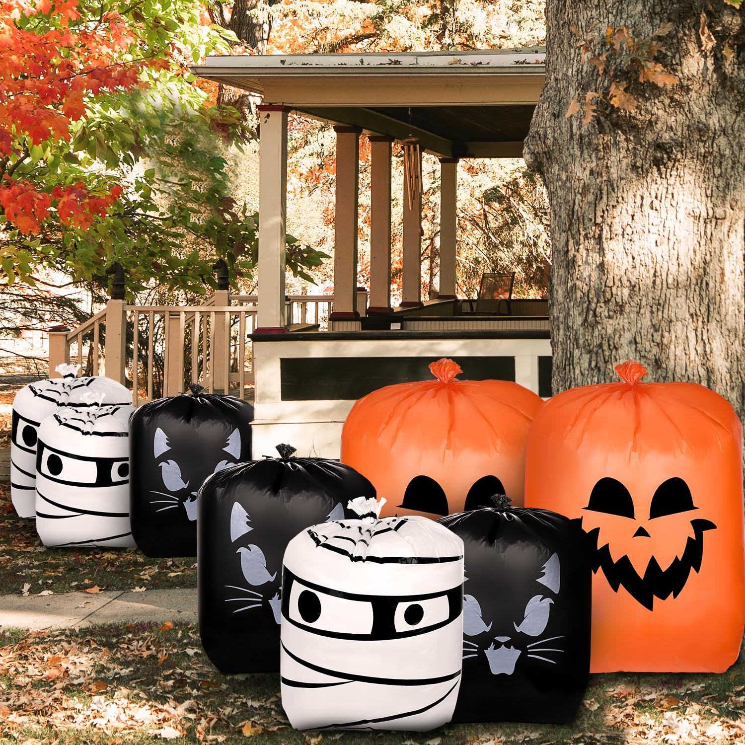 8-Piece Halloween Pumpkin Leaf Bags Set (36x48 Inch & 24x30 Inch) - Reusable Plastic Lawn Leaf Bags for Halloween Decorations, Outdoor Fall Garden Party, Yard Cleanup & Seasonal Decor