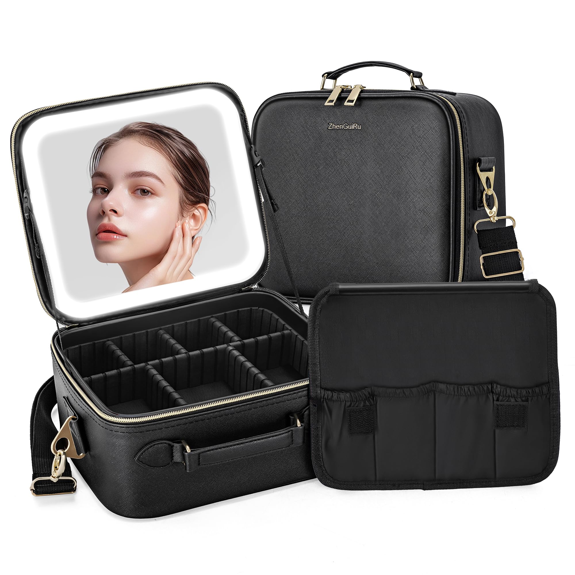 LED Makeup Bag with Mirror - Portable Travel Cosmetic Organizer Case with Lighted Mirror & Brush Holder, Black Makeup Artist Storage Pouch for Women | Perfect for Travel, Home Use & Professional Makeup Artists