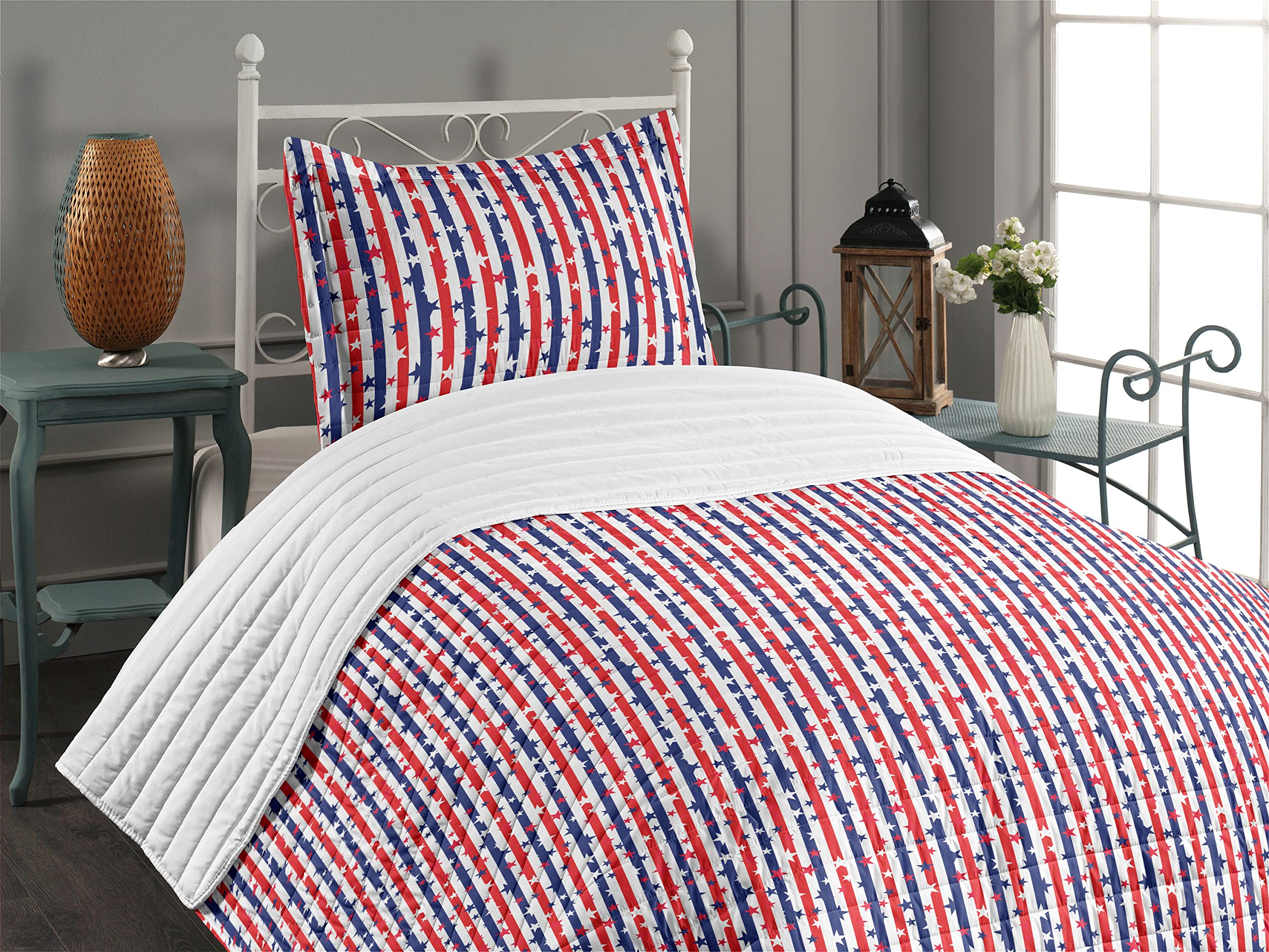 Ambesonne 4th of July Patriotic Microfiber Bedspread Set - Red White Dark Lavender Stripes & Stars Design with Pillow Sham & Comforter, Twin Size | Soft Bedding for Independence Day Decor, Guest Room & American Theme Bedroom