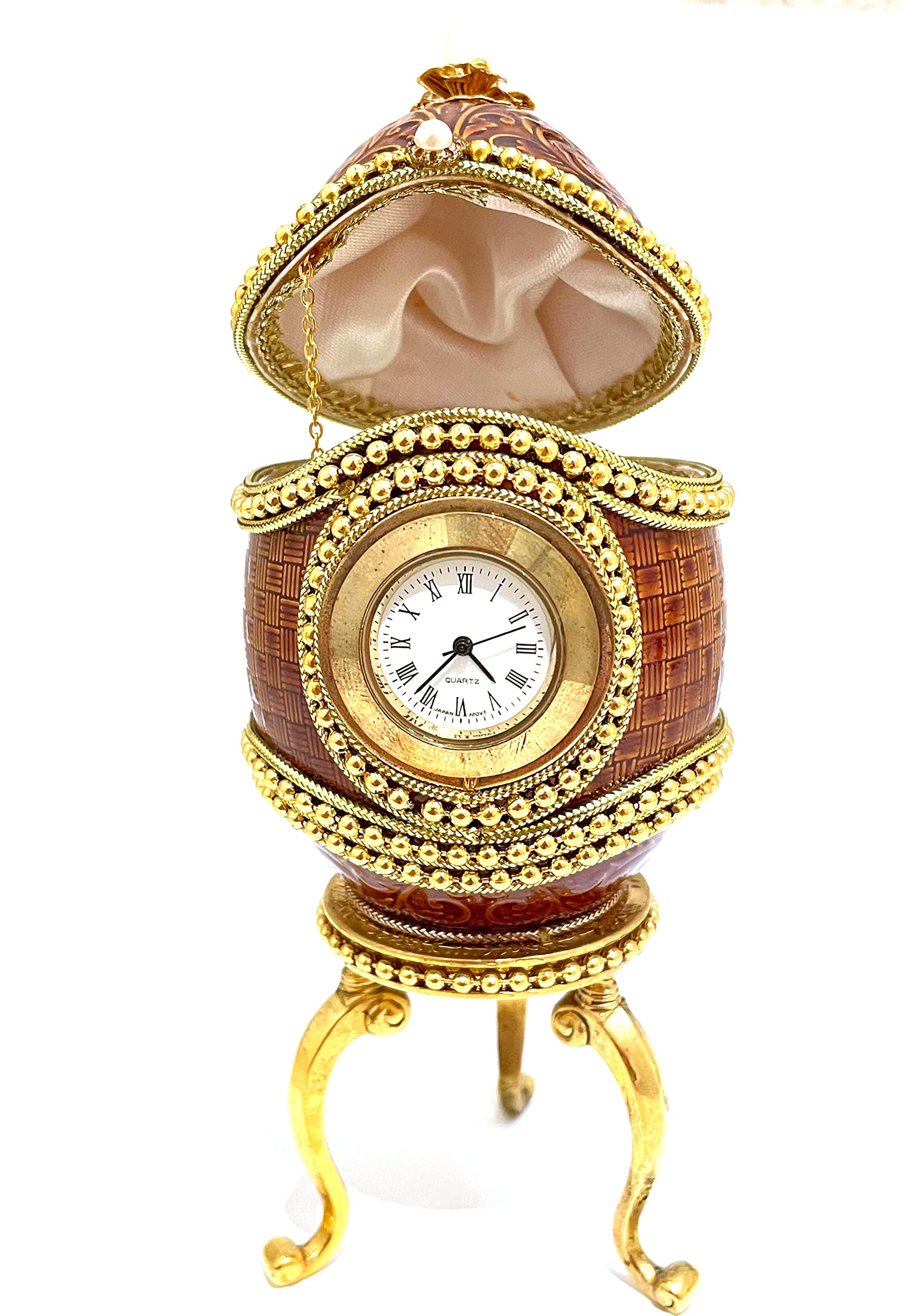 Handmade Vintage Fabergé Egg Clock & Jewelry Box - Collector's Item, Natural Egg Home Decor, Perfect Graduation Gift for Men (1992 Crown Regal Design) | Elegant Display for Living Rooms, Luxury Gifts & Bachelor Party Souvenirs