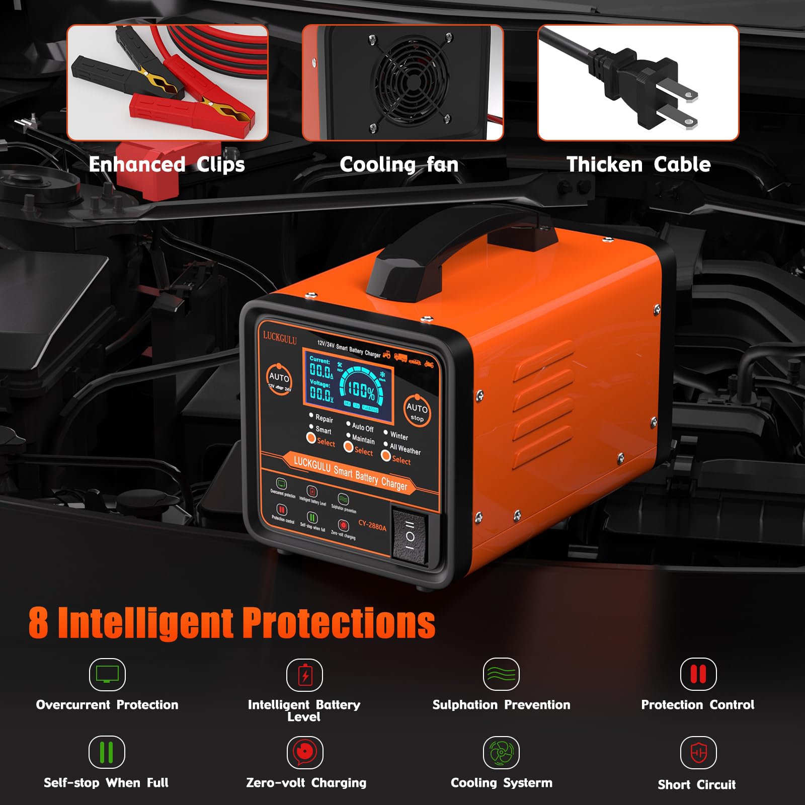 12V/24V Smart Car Battery Charger with Auto Shutoff - for Cars, Boats, Motorcycles