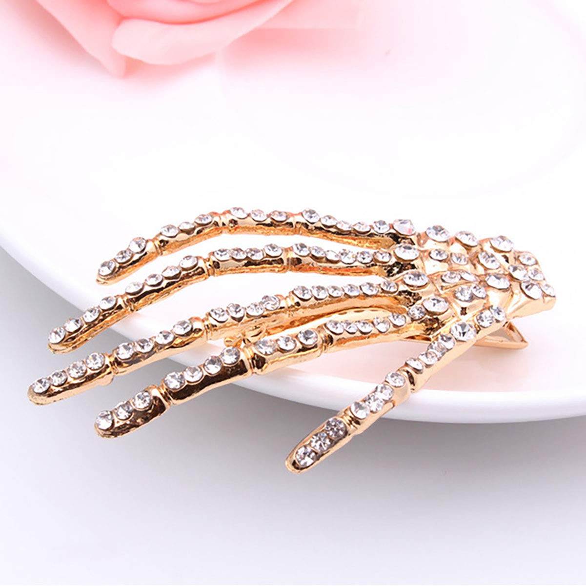 2PCS Rhinestone Crystal Skeleton Claw Hair Clips - Punk Skull Hand Bone Hair Barrettes for Women - Gothic Horror Hair Accessories for Cosplay, Halloween, and Gothic Fashion (White)
