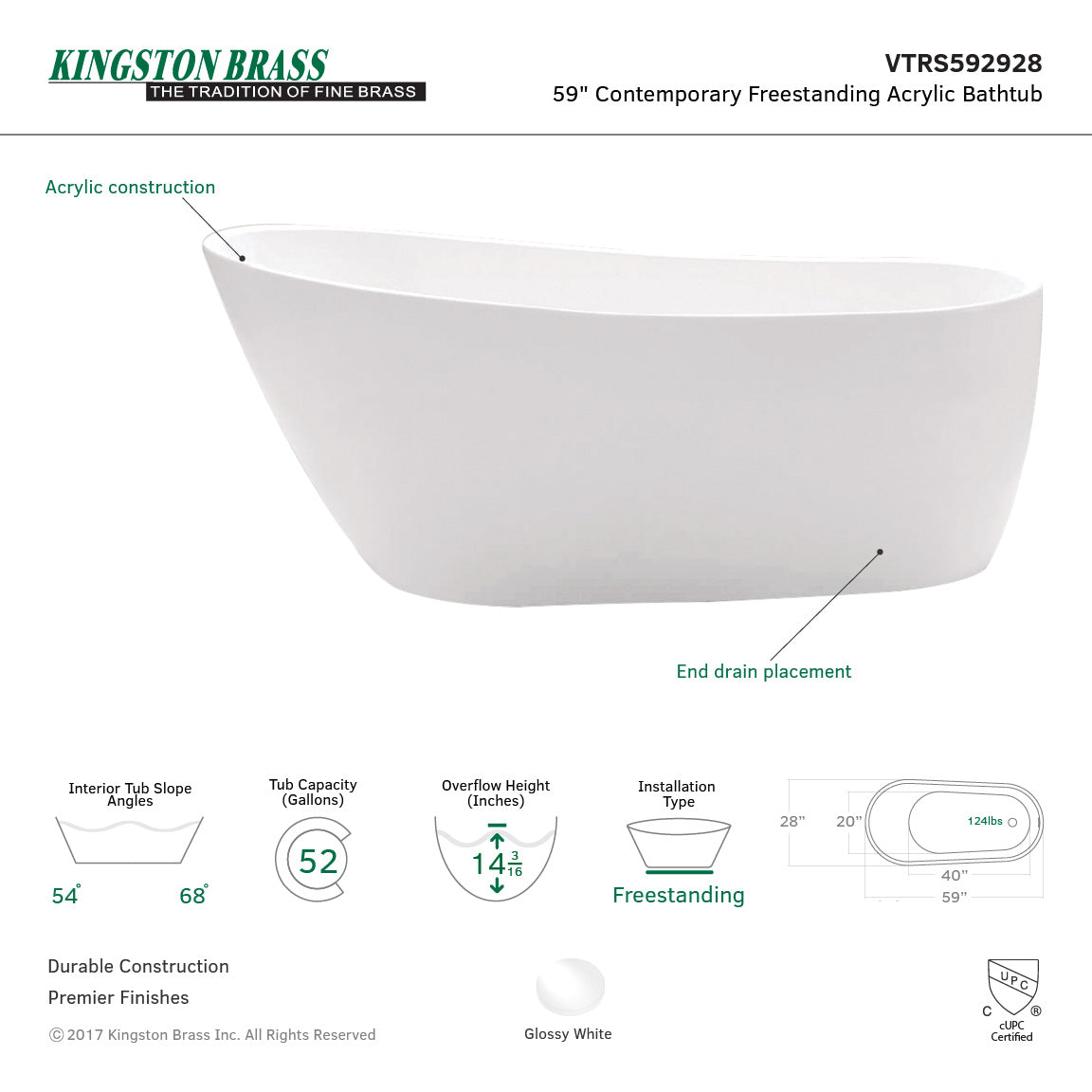 Aqua Eden 59-Inch Acrylic Oval Freestanding Bathtub - Glossy White Slipper Tub with Drain - Perfect for Master Bathroom & Spa-Like Relaxation at Home