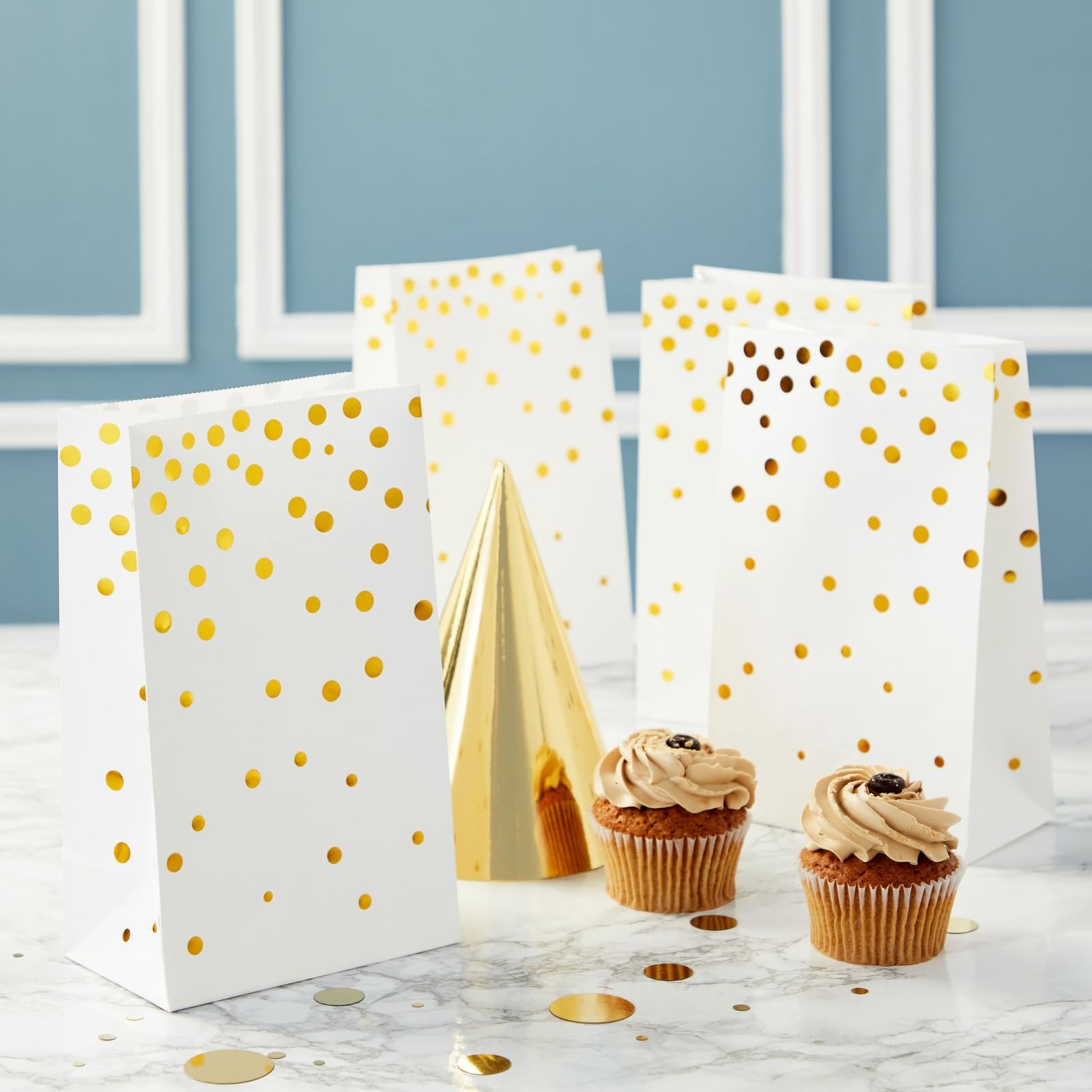 BLUE PANDA White Party Favor Paper Bags with Gold Foil Dots - 24 Pack Gift Bags for Birthday, Wedding, Baby Shower & Bridal Shower - Perfect for Party Favors, Candy Bags & Small Gifts