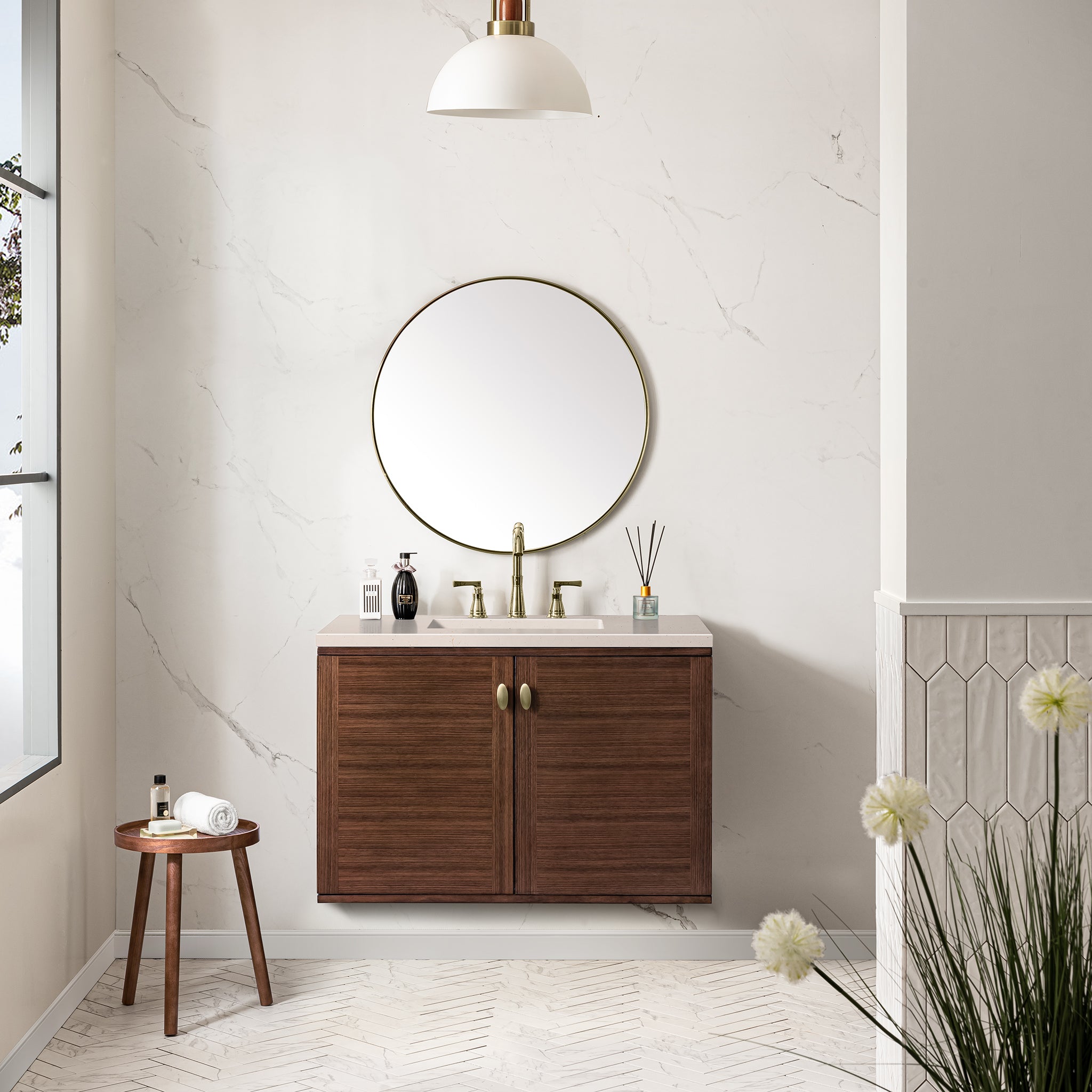 Amberly 36 Inch Single Bathroom Vanity with Mid Century Walnut Finish & 3CM Eternal Marfil Stone Top - Perfect for Modern and Vintage Bathroom Designs