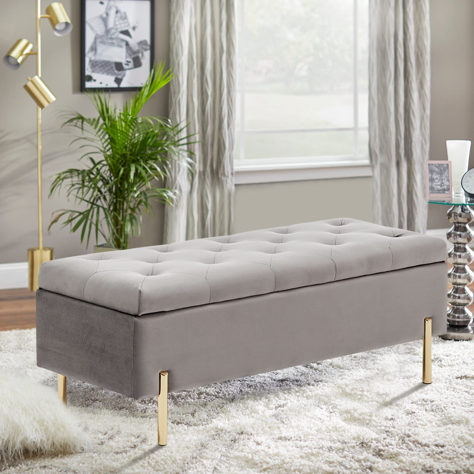 Velvet Upholstered Tufted Storage Bench with Gold Legs - Gray Rectangular Ottoman for Bedroom, Living Room & Entryway - Perfect for Extra Seating, Shoe Storage & Home Decor