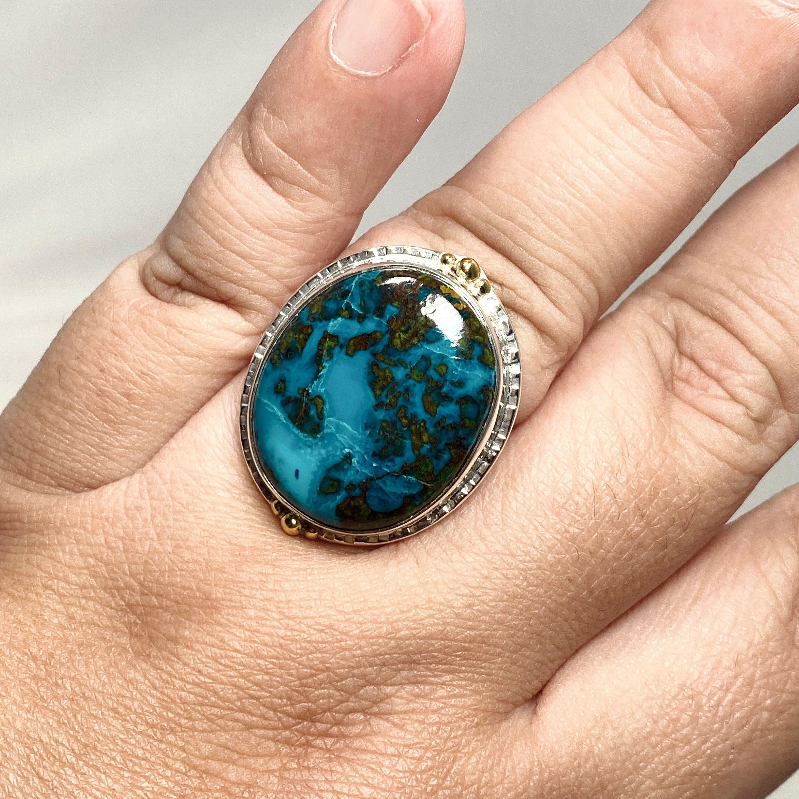 Chrysocolla and Shattuckite Oval Ring with Brass Accents - Size 11 - KRGJ3226 - Perfect for Boho Jewelry Lovers & Spiritual Healing