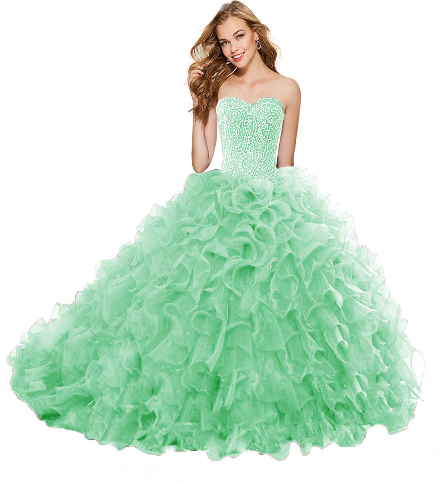 Elegant APXPF Women's Heavy Beaded Organza Ruffle Quinceanera Dress for Sweet 16 Prom Ball Gowns - Perfect for Quinceañeras, Sweet 16 Parties, Prom Nights & Formal Events