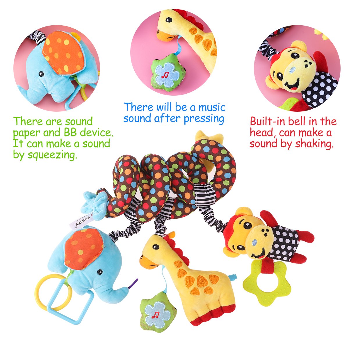 TOYMYTOY Spiral Stroller Toy for Babies - Soft Plush Monkey & Elephant with Rattles, Educational Sensory Toy for Infants 0-12 Months - Perfect for Crib, Stroller & Playtime