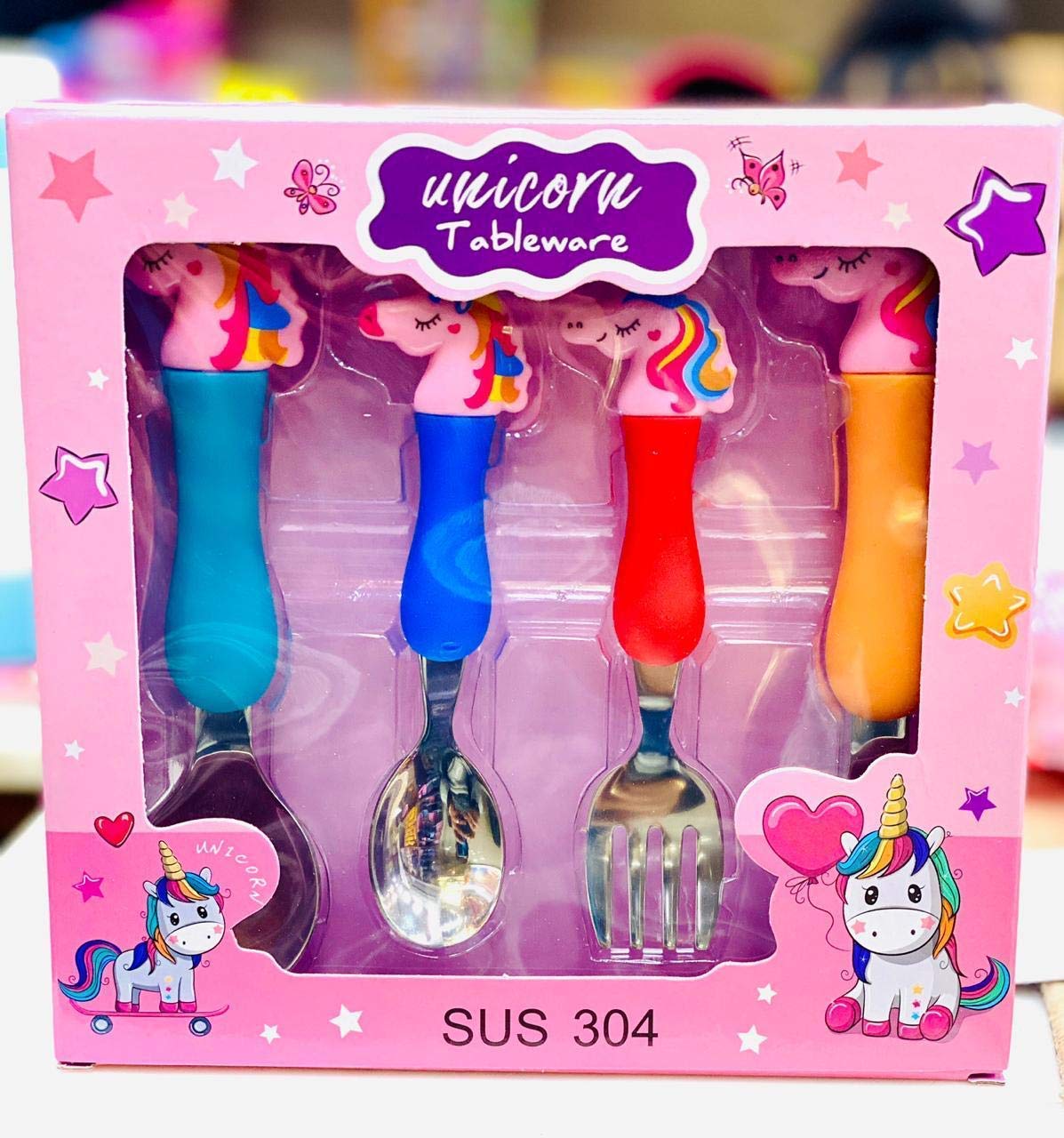 ARTLABEL Kids Stainless Steel Unicorn Spoon & Fork Set - Cartoon Themed Baby Feeding Utensils for Toddlers (Multicolor, Medium) | Perfect for Home, School Lunch, and Travel