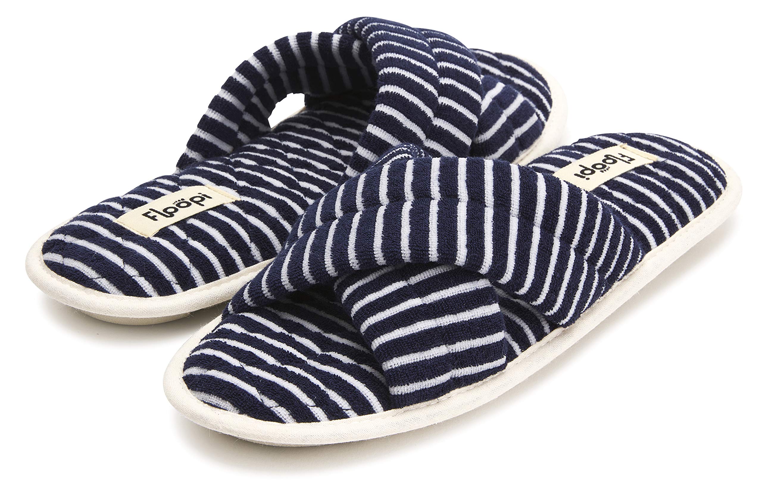 Floopi Women's Soft Criss Cross Open Toe Slippers - Quilted Terry Stitch Memory Foam Insole, Anti-Skid Rubber Outsole - Comfortable House Shoes for Summer, Indoor/Outdoor Wear at Home, Beach or Poolside Relaxation