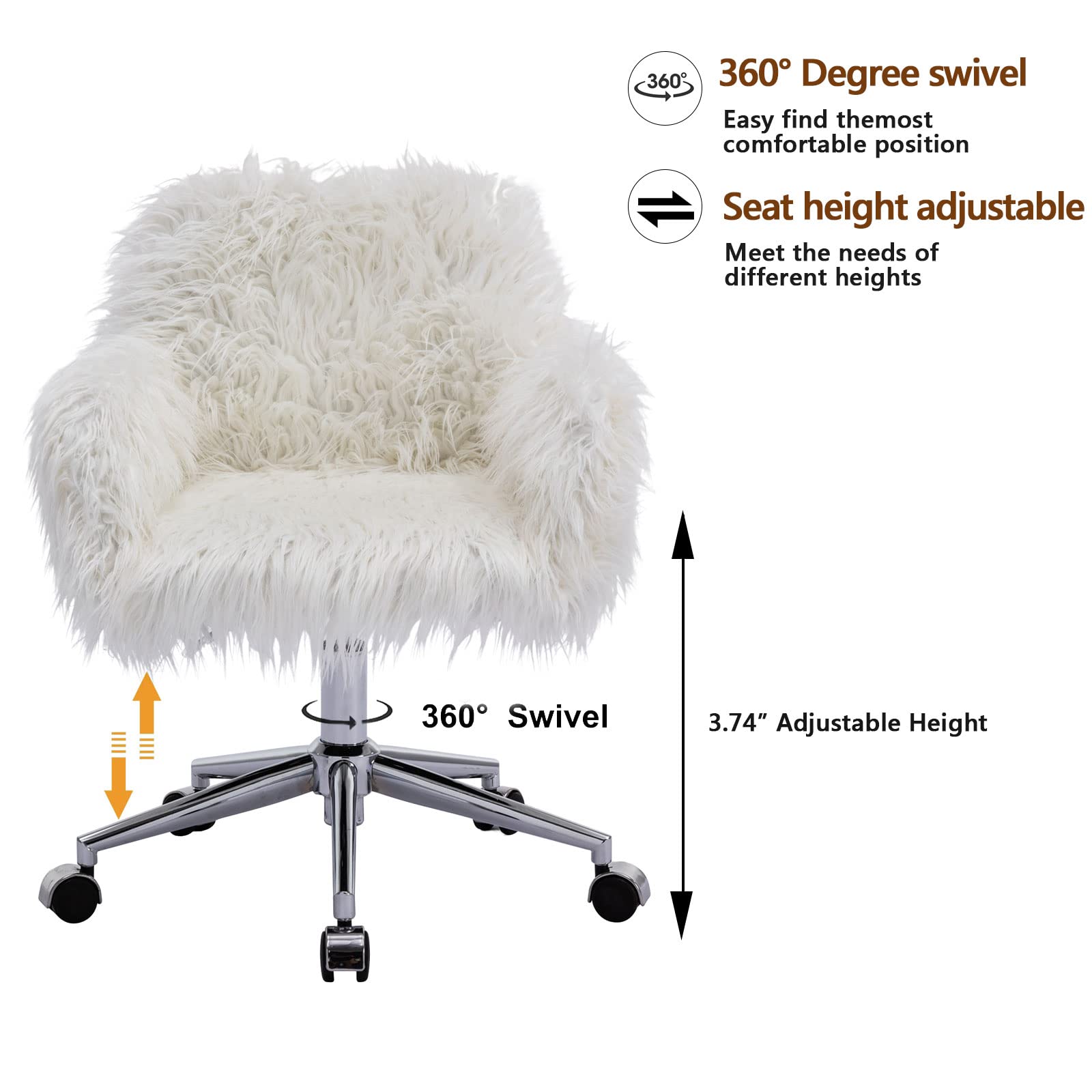White Faux Fur Swivel Desk Chair with Wheels & Adjustable Height - Cute Vanity Chair for Home Office, Gaming, Study & Makeup Station - Chrome Base Accent Chair