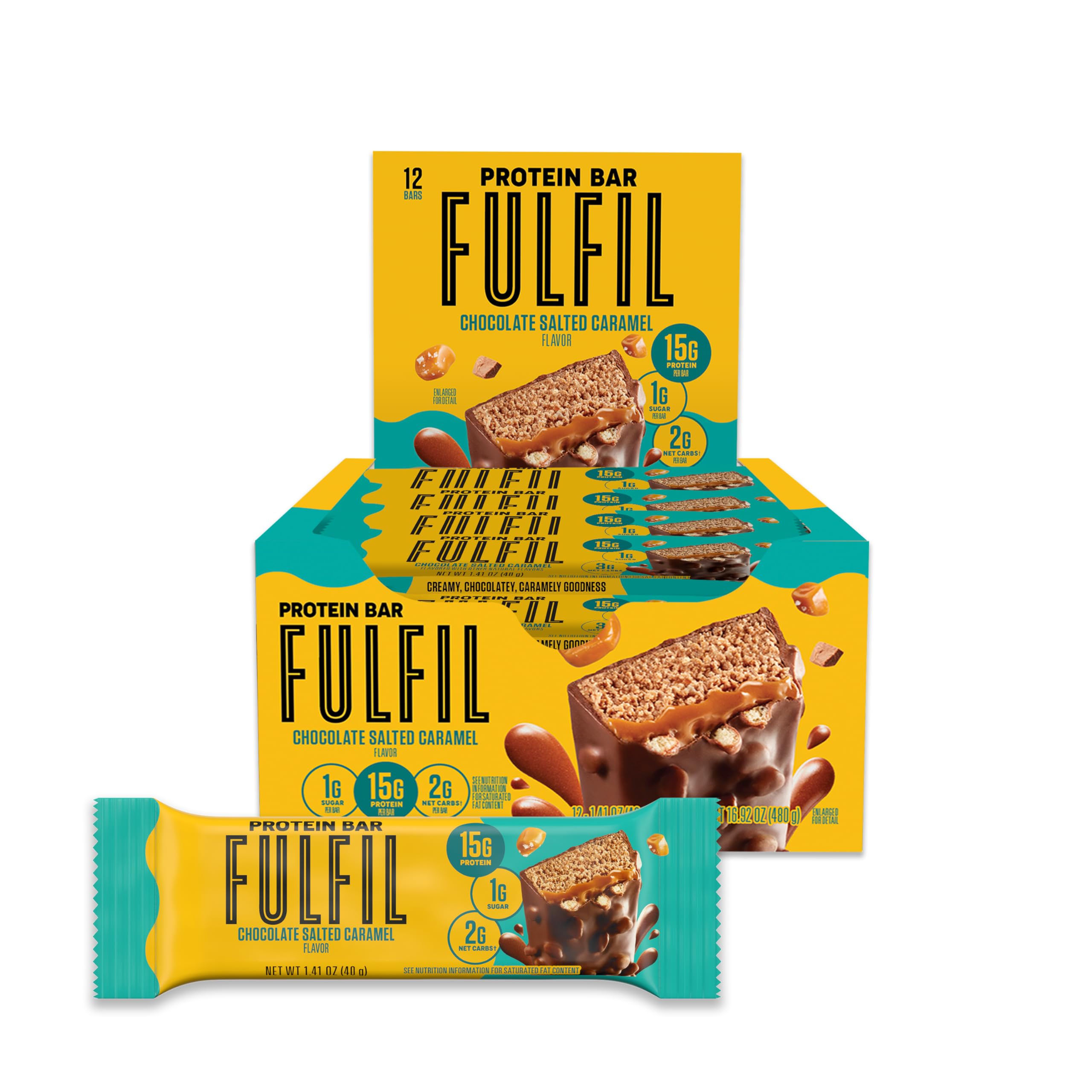 FULFIL High Protein Snack Bars - Chocolate Salted Caramel Flavor, 15g Protein per Bar, 12 Count Pack | Healthy On-the-Go Snacks for Workouts, Hiking & Weight Management