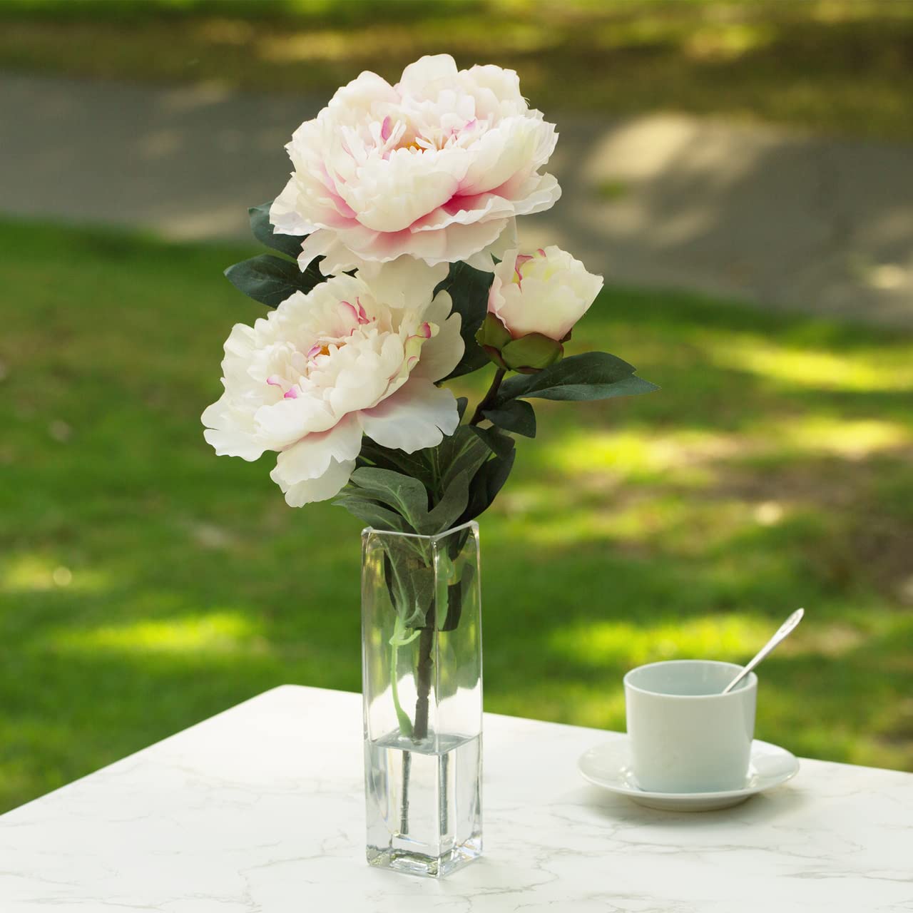 ENOVA FLORAL Silk Peony Artificial Flower Arrangement in Glass Vase - Realistic Fake Peony Flowers with Faux Water for Dining Table, Living Room, Wedding & Home Decor (Pink)