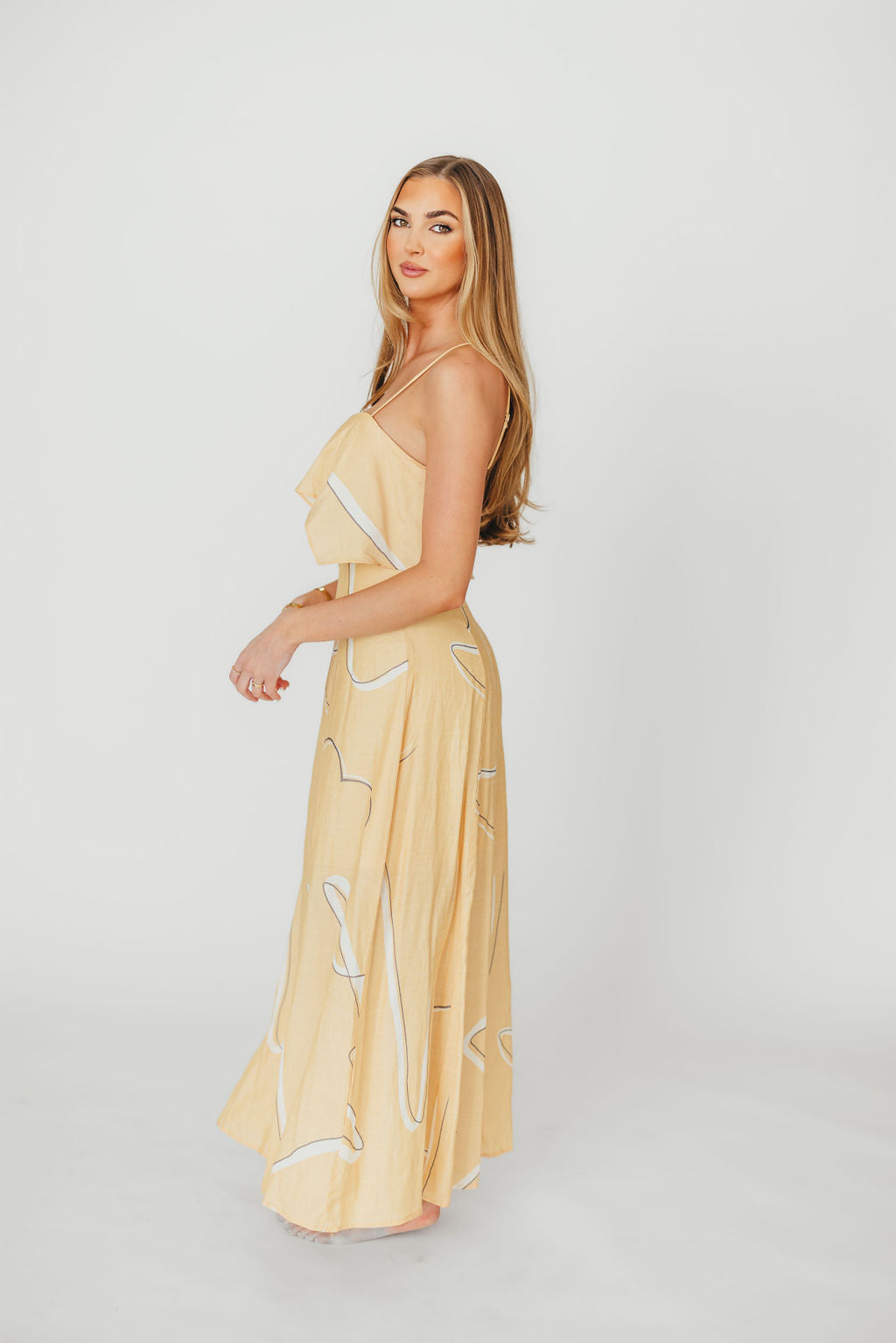 Lark Ruffle Detail Maxi Dress in Mango - Flowy Summer Beach Dress for Women, Boho Chic Midi Dress with Ruffles, Perfect for Vacations, Weddings & Date Nights