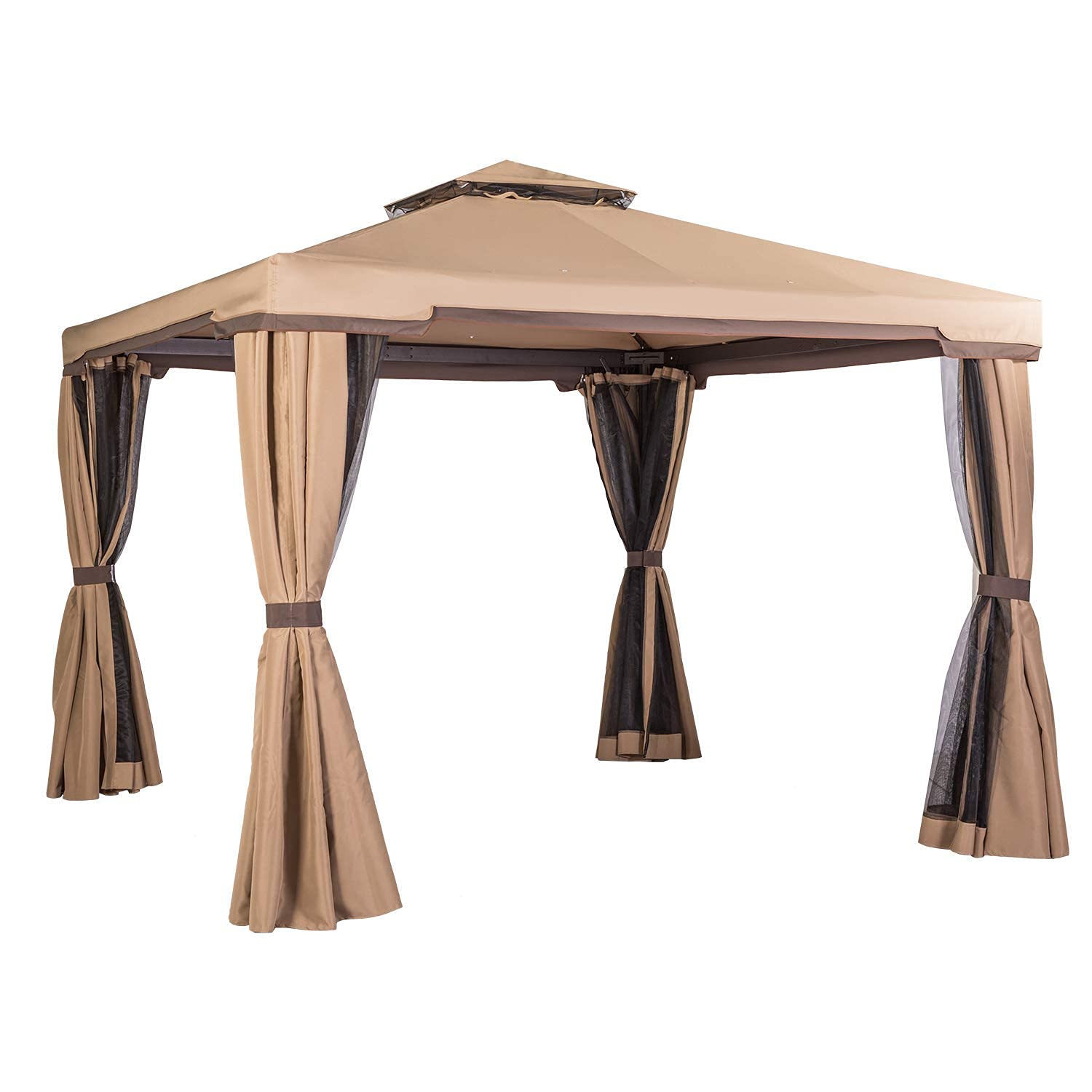 10' x 10' All-Season Permanent Soft-Top Patio Gazebo with Mosquito Netting & Shade Curtains - Brown Outdoor Canopy for Backyard, Garden, and Poolside Relaxation