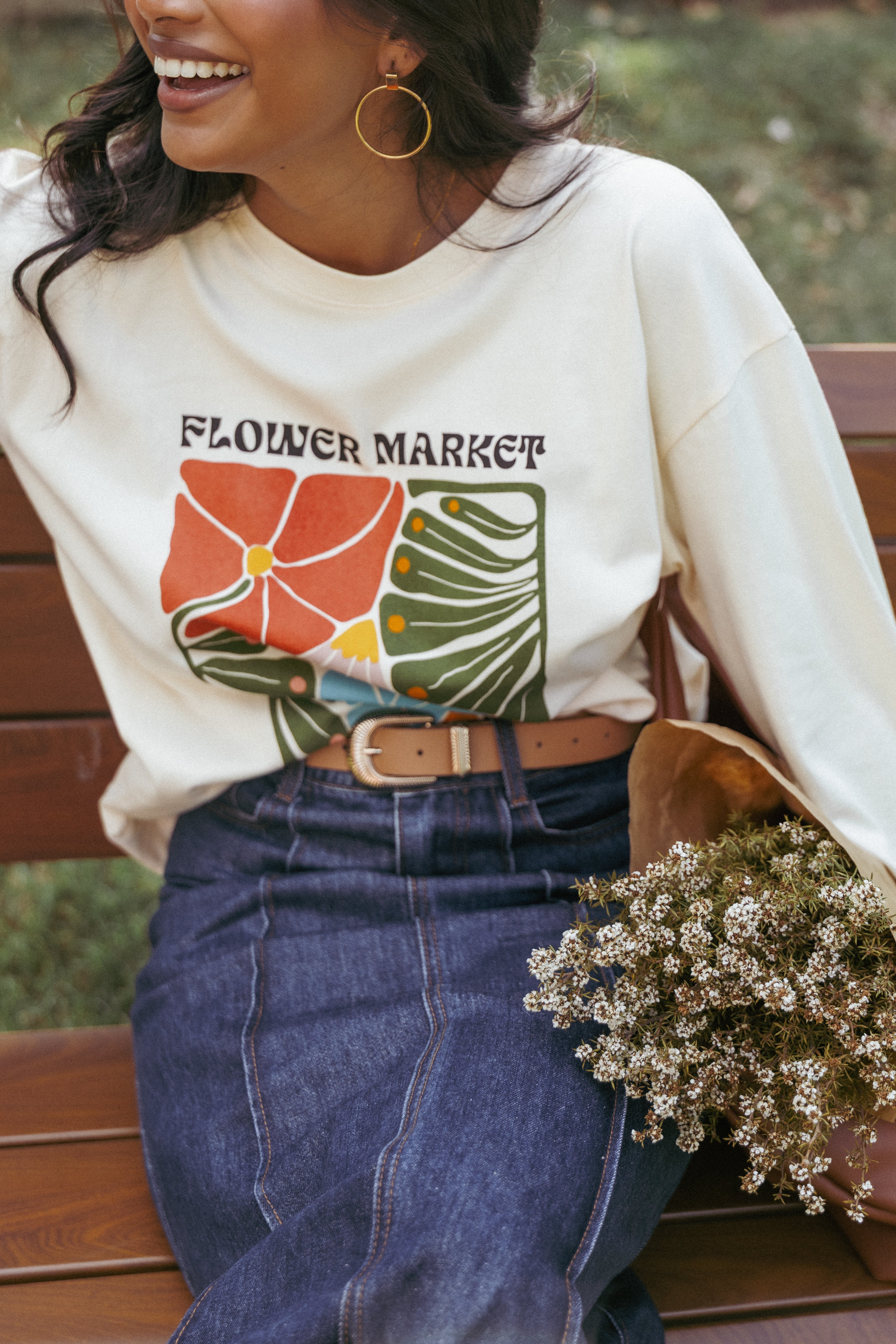 Flower Market Long Sleeve T-Shirt for Women - Soft Cream Casual Top for Spring & Fall | Perfect for Daily Wear, Outings & Layering