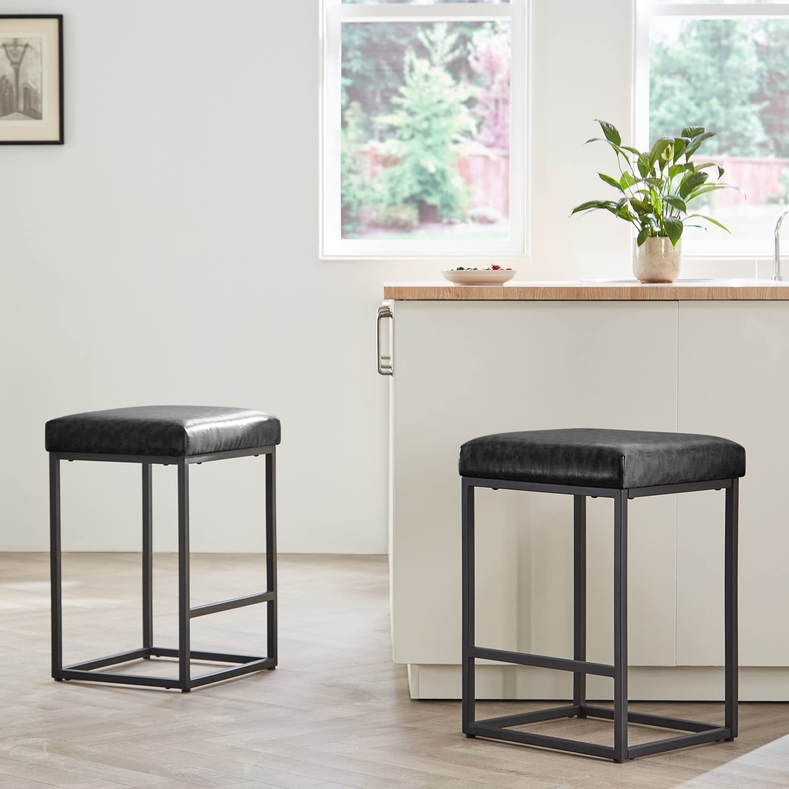 YOUDENOVA 24 Inch Counter Height Bar Stools Set of 2 - Modern Kitchen Counter Stools with Thick Cushion & Chrome Metal Base - Perfect for Kitchen Island, Breakfast Bar, and Home Decor (Black)