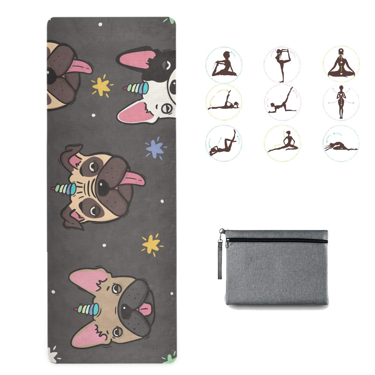 Premium Non-Slip Yoga Mat for Women & Men - Eco-Friendly Foldable Exercise Mat with Pugs & French Bulldogs Unicorn Design - Ideal for Home Gym, Pilates, Travel & Fitness Workouts