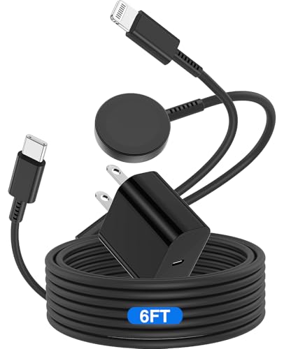 MFi Certified Magnetic 2-in-1 Fast Charging Cable for Apple Watch Series 8/7/6/5/4/3/2/1/SE & iPhone - 6ft USB-C Charger with 20W Power Adapter - Perfect for Travel, Office & Nightstand Charging (Black)