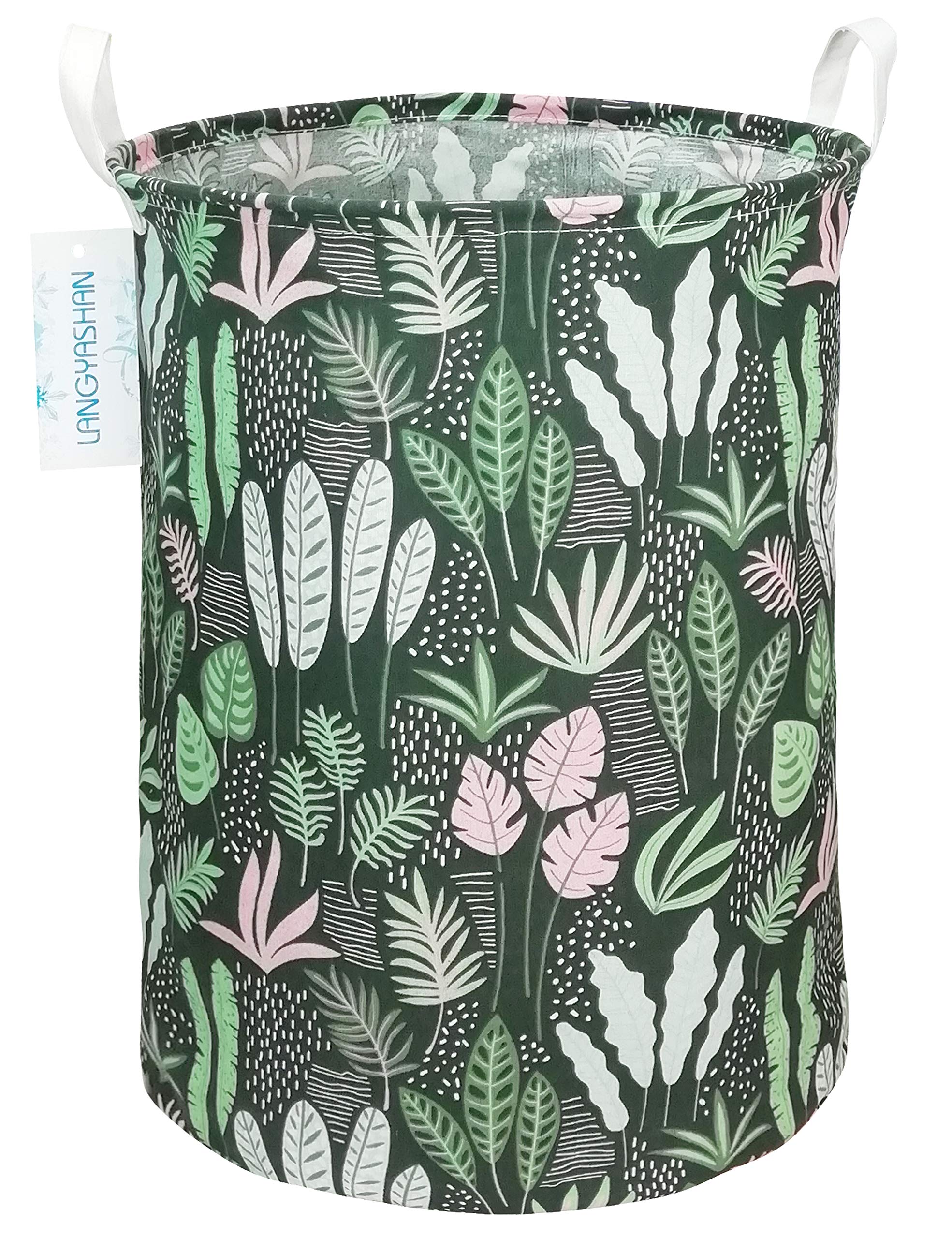 LANGYASHAN Collapsible Canvas Laundry Basket - Foldable Storage Organizer for Clothes, Toys & Gifts, Perfect for Bedroom, Nursery & Kids Room (Round Leaf Design) | Space-Saving Home Organization Solution