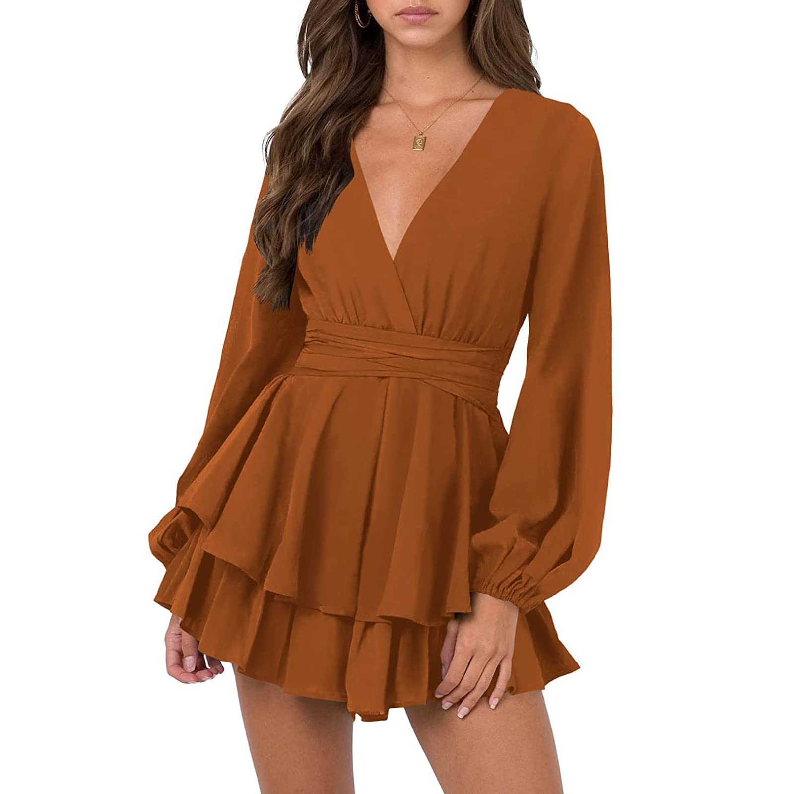 Jaweiwi Women's Long Sleeve Wrap Dress - V Neck Ruffles Tie Waist A-Line Swing Mini Dress for Casual Wear, Date Night & Office Outfits