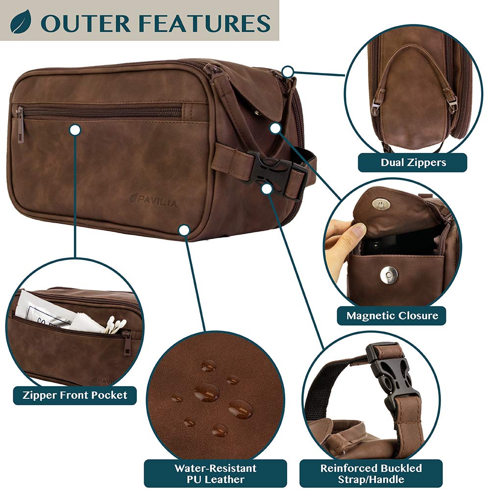 PAVILIA Men's Travel Toiletry Bag - Water Resistant PU Leather Dopp Kit for Shaving & Grooming Essentials - Cosmetic Organizer Pouch for Business Trips, Camping & Vacation (Dark Brown)