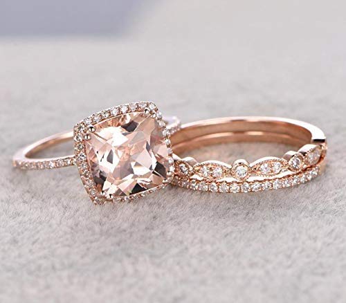 2 Carat Morganite & Diamond Trio Wedding Ring Set in 18K Gold Plating – Elegant Bridal Jewelry for Engagement, Anniversary & Special Occasions