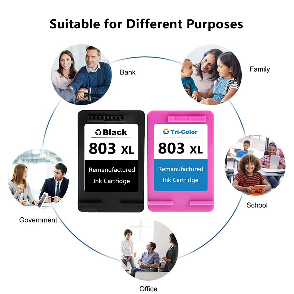 Remanufactured HP 803XL Ink Cartridges - Compatible with HP 803 & 803XL for Deskjet 1112, 2130, 2132, 3630, 3632 Printers (1 Black + 1 Tri-Color Pack) - Perfect for Home & Office Printing Needs