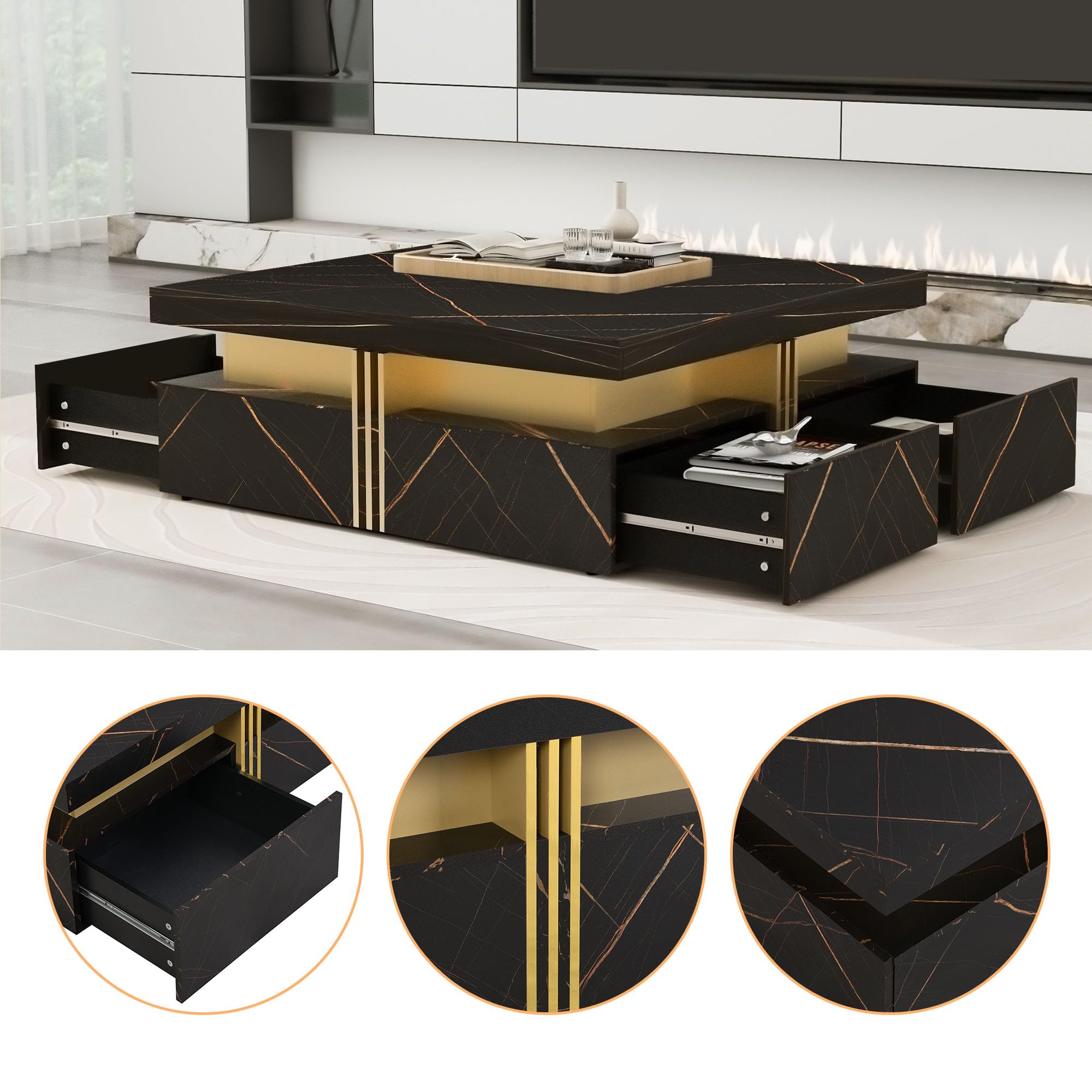 Modern Black & Gold Square Coffee Table with 4 Storage Drawers - Large Wooden Living Room Center Table with Hidden Storage - Perfect for Small Spaces, Apartments & Cozy Home Decor