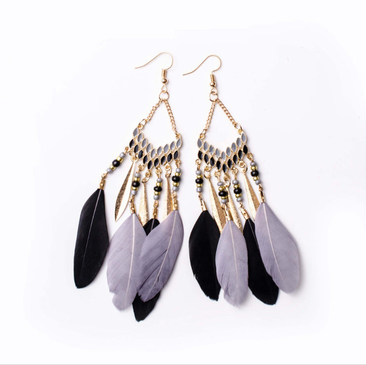 Vintage Bohemian Feather Earrings with Chain Tassel - Handmade Boho Jewelry for Women, Perfect for Festivals, Parties, and Casual Wear