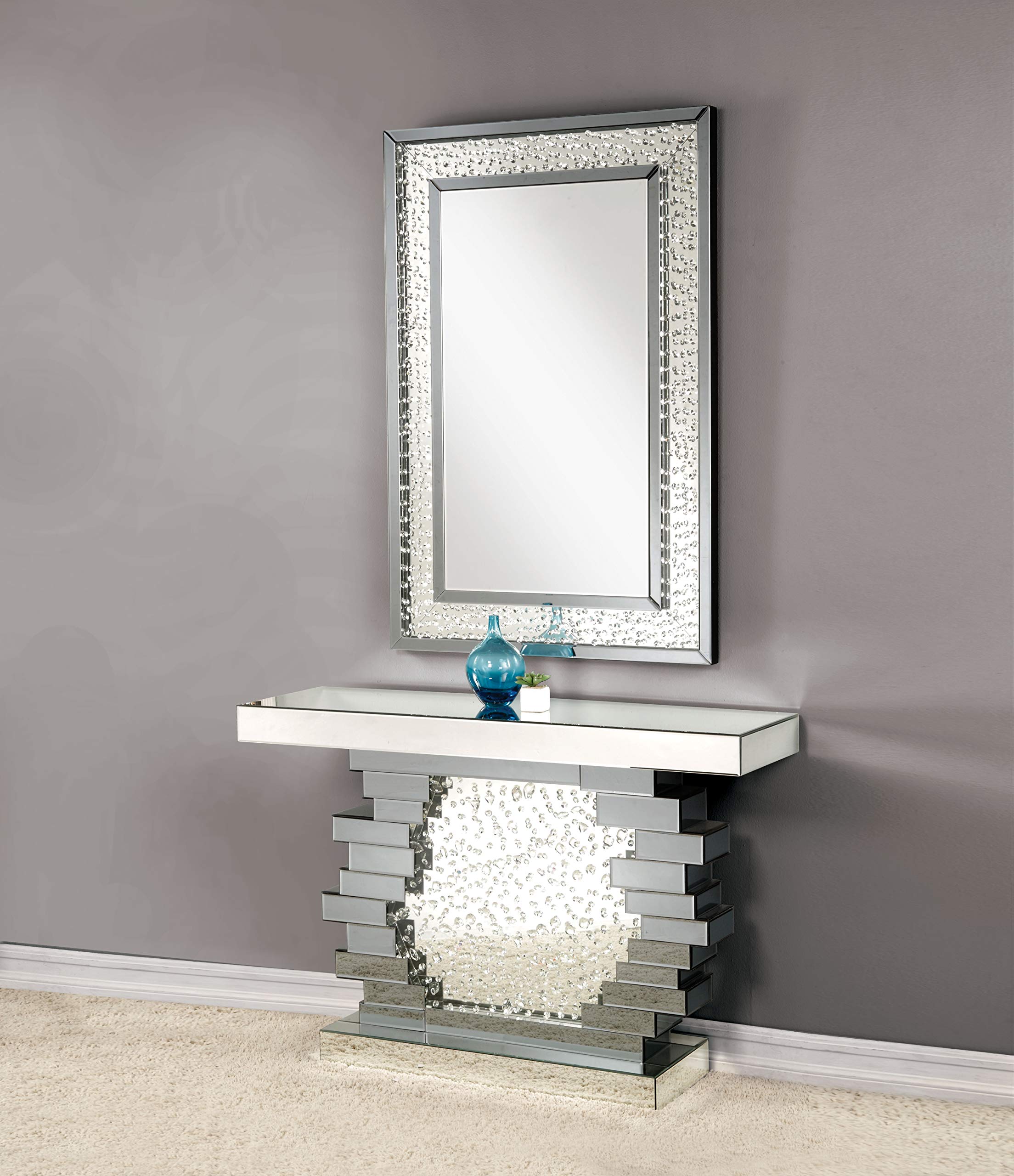 Benjara Black Wood Console Table with Crystal Mirror - Elegant Entryway Decor