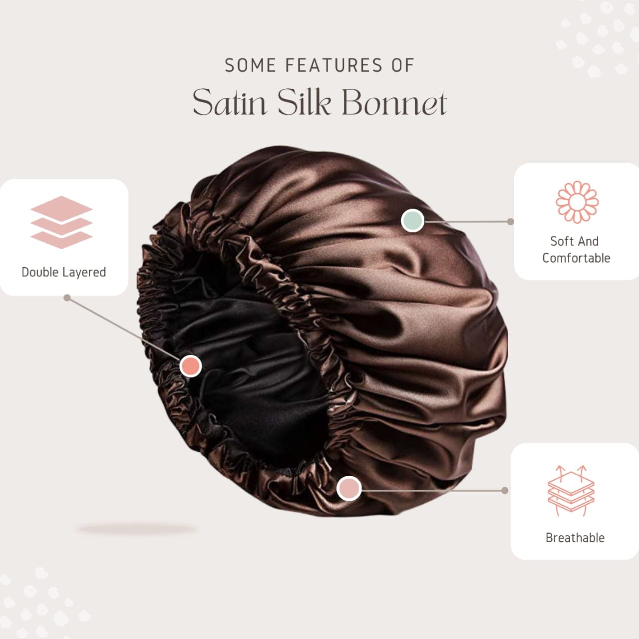 Atrube's Reversible Silk Satin Sleep Bonnet with Adjustable Tie Band - Waterproof Shower Cap & Scrunchies Set for Curly, Natural Hair Care - Perfect for Nighttime, Travel & Salon Use (Brown Combo)