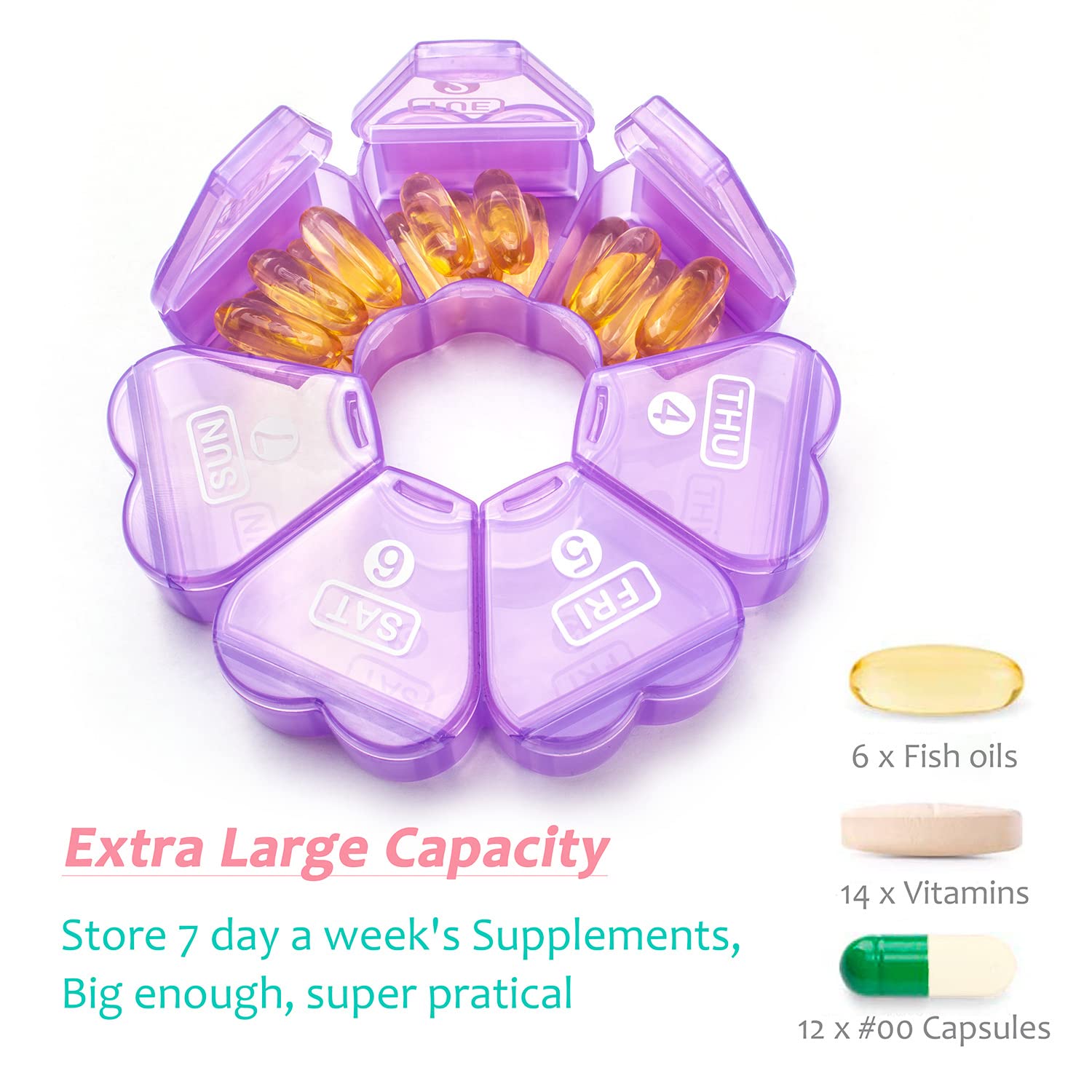7-Day Large Pill Organizer - Portable Weekly Medicine Box for Pills, Vitamins, Fish Oil & Supplements | Travel & Home Use | Purple (Remtise)