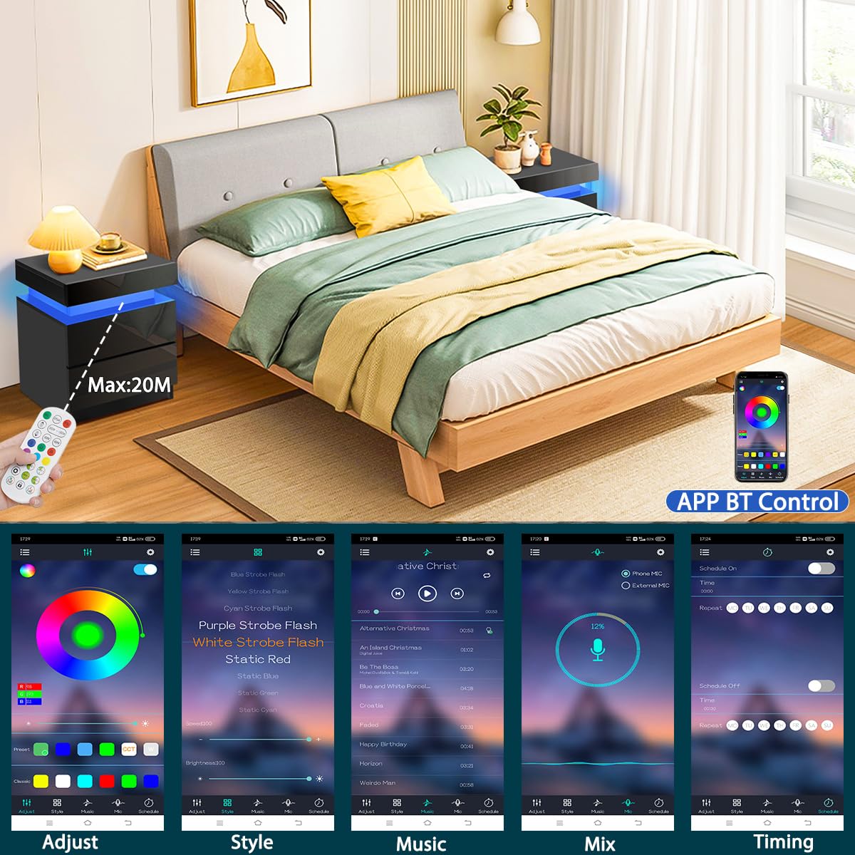 Modern LED Nightstand with 2 Drawers - Smart Bedside Table for Bedroom - Night Light & Storage Solution