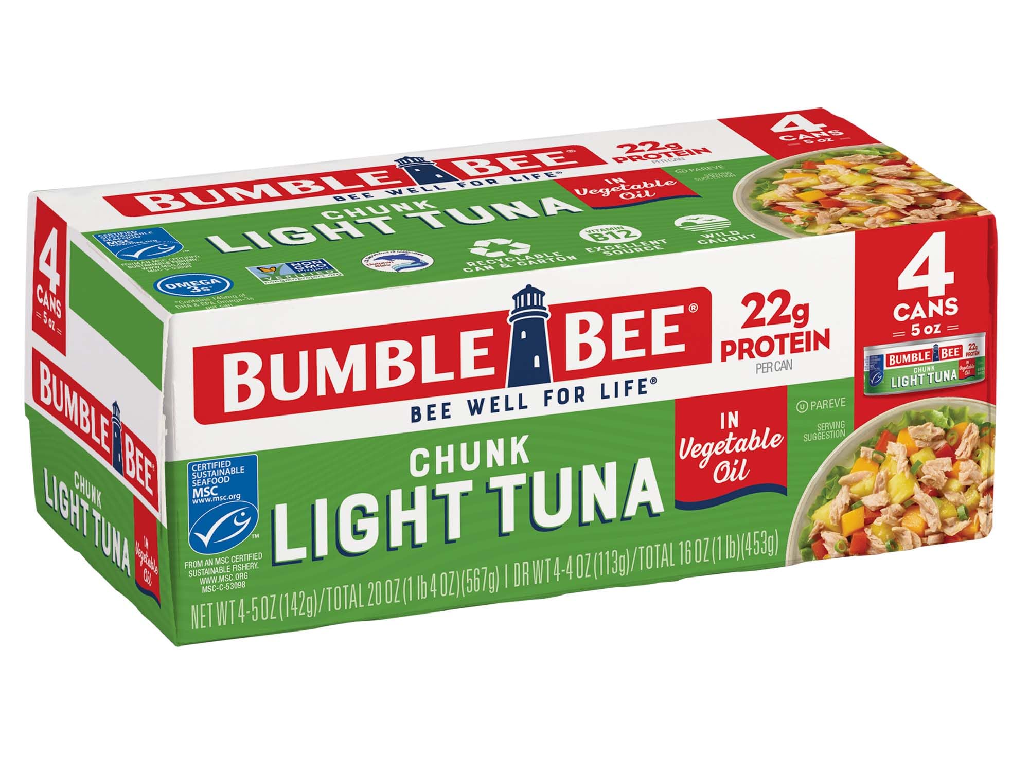 Bumble Bee Chunk Light Tuna in Oil - Wild Caught Skipjack Tuna (5 oz Cans, Pack of 4) | 22g Protein per Serving | MSC Certified Sustainable Seafood | Non-GMO, Gluten Free, Kosher | Perfect for Salads, Sandwiches & Quick Meals